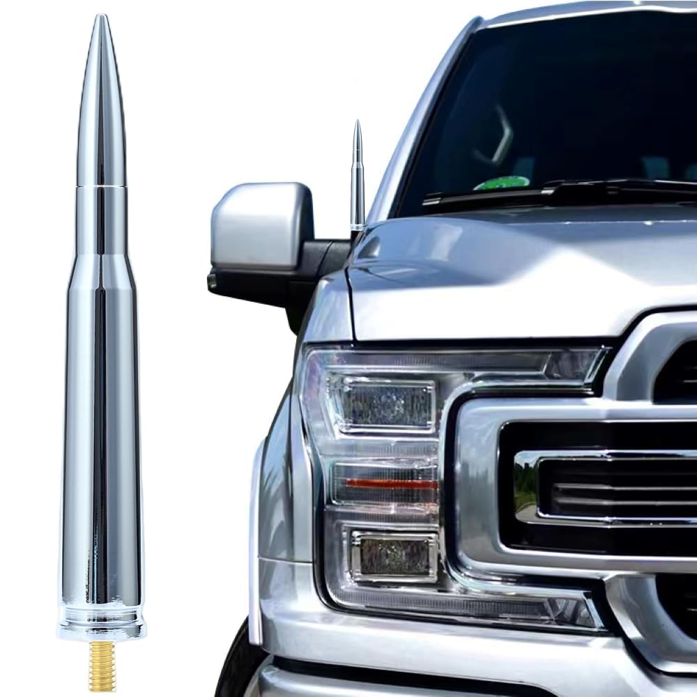 CZSWCH 50 Cal Truck Chrome Bullet Antenna Fit for Ford F150 F250 F350 Raptor/Dodge RAM 1500 2500 3500/Chevrolet Silverado & GMC Sierra-Short Replacement Antenna 1990 - Current (Chrome)