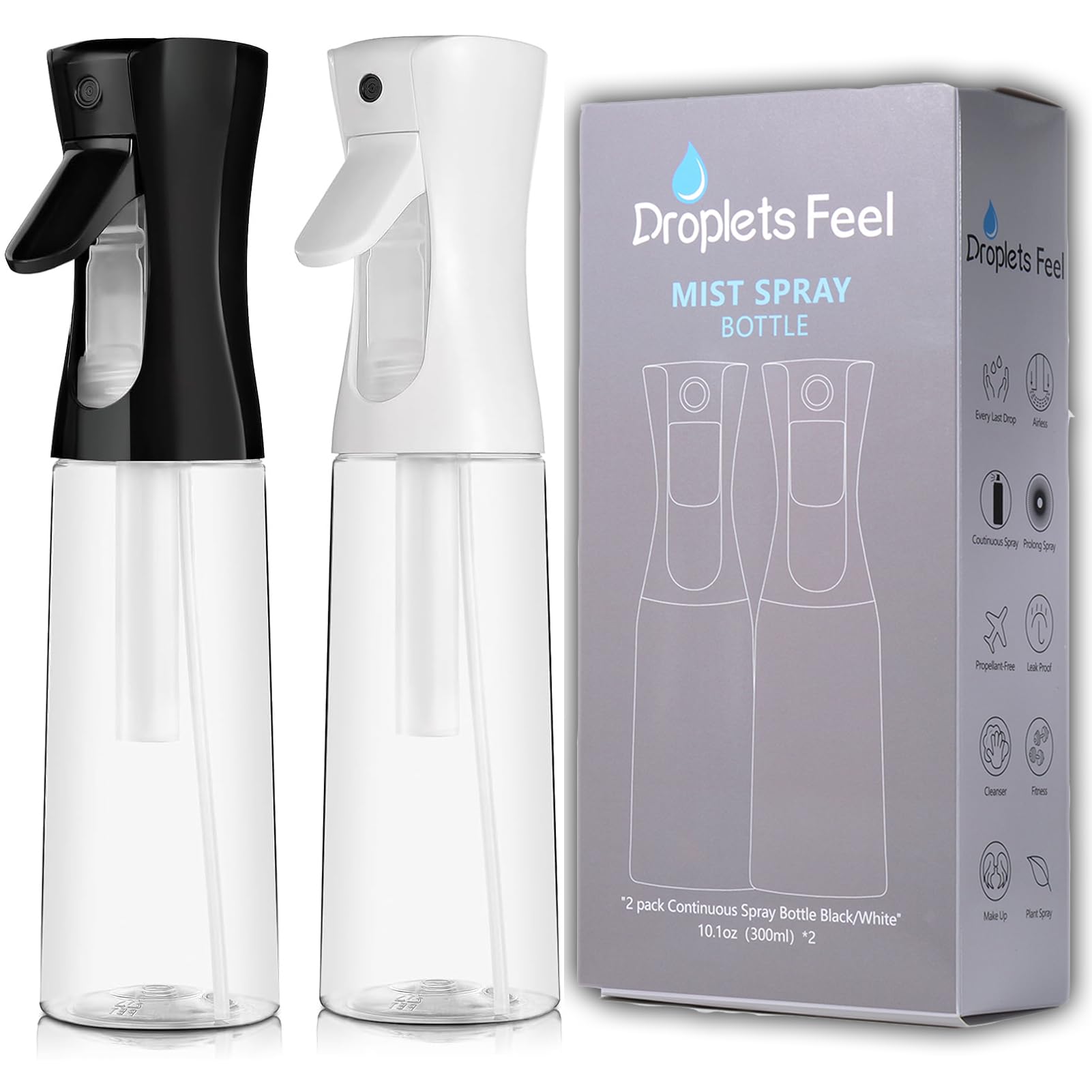 Spray Bottle For Hair, Continuous Mister Empty Spray Bottles, Ultra Fine Mist Water Sprayer for Hairstyling, Cleaning, Plants, Pets, Barbers, Salons, Essential Oil Scents - 2 Pack 10.14 OZ (300ml)