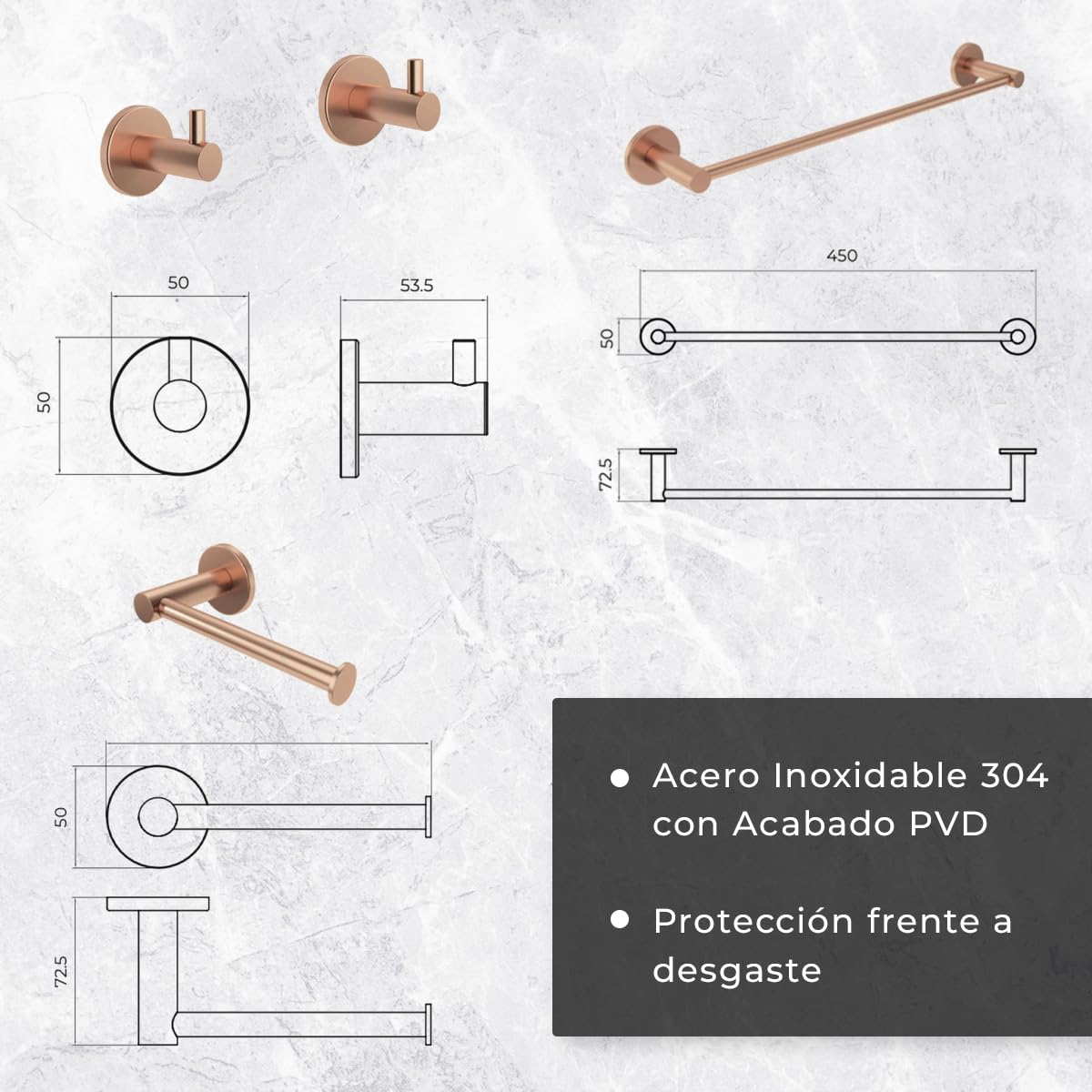 Set de 4 Accesorios de Baño Acero Inoxidable Piezas Premium - Toallero 40 Cm, Portarrollos y 2 Perchas - Color Oro Rosa Cepillado con Acabado PVD y Doble Fijación - The Bath Point