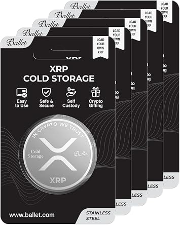 Ballet XRP Cold Storage Coin 5-Pack - Physical Ripple Wallet, Steel | No battery, USB or Bluetooth. No seed phrase, PIN or password. Set up offline with the Ballet Crypto App on iOS and Android.
