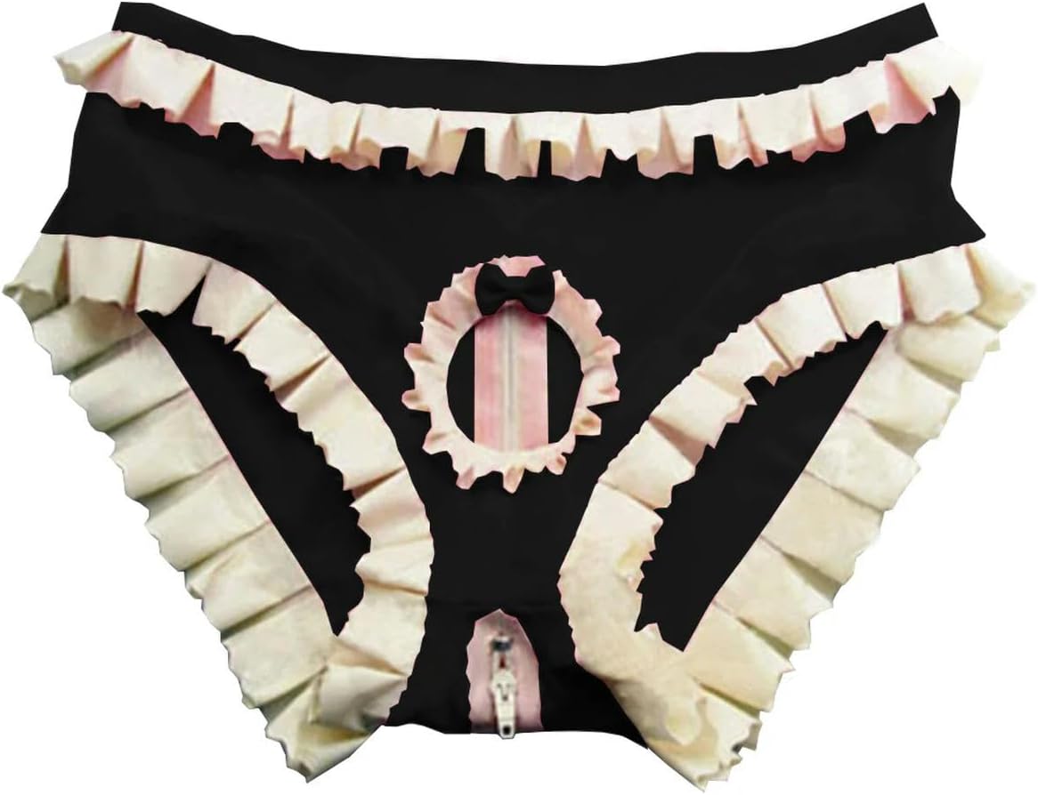 Men's Latex Panties, Faux Leather, Zipper, Ruffled, Briefs with Holes