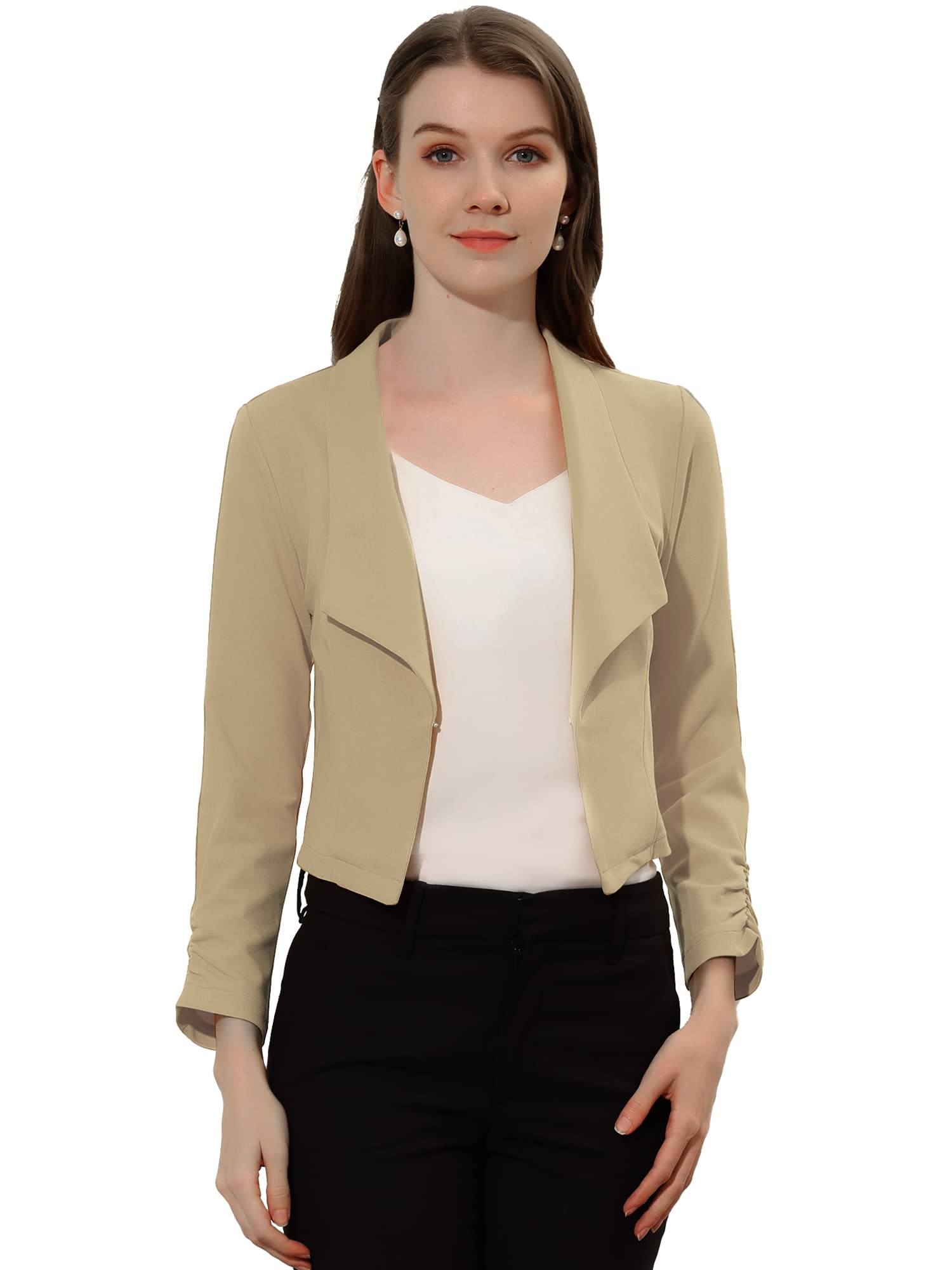 Allegra K Damen Tweed Blazer Umlegekragen Geraffte Ärmel Offen Crop Jacke