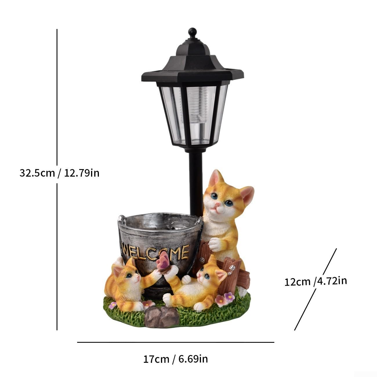 Lampada solare in resina a forma di gatto, 32 cm, crepuscolo automatico
