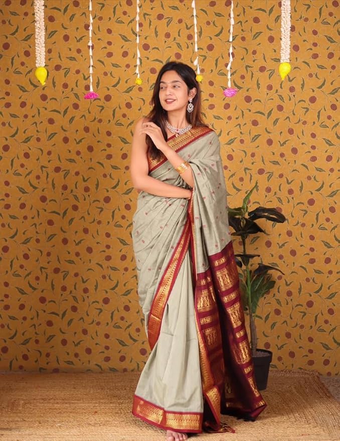 Image of Pure Kalyani Cotton Saree | Zari Border & Blouse Piece - Lata Gadwal Design | Traditional Saree
