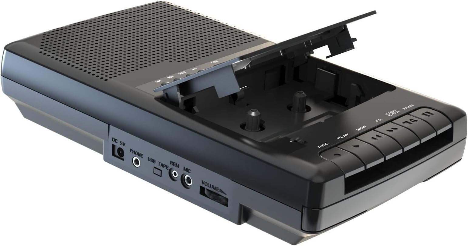 Portable Cassette Player Tape Recorder with Stand-Alone Microphone & Built-in Speaker, External Sound/Tapes Convert to Digital Format, USB Disk Audio Player, Retractable Handle, Headphone Jack