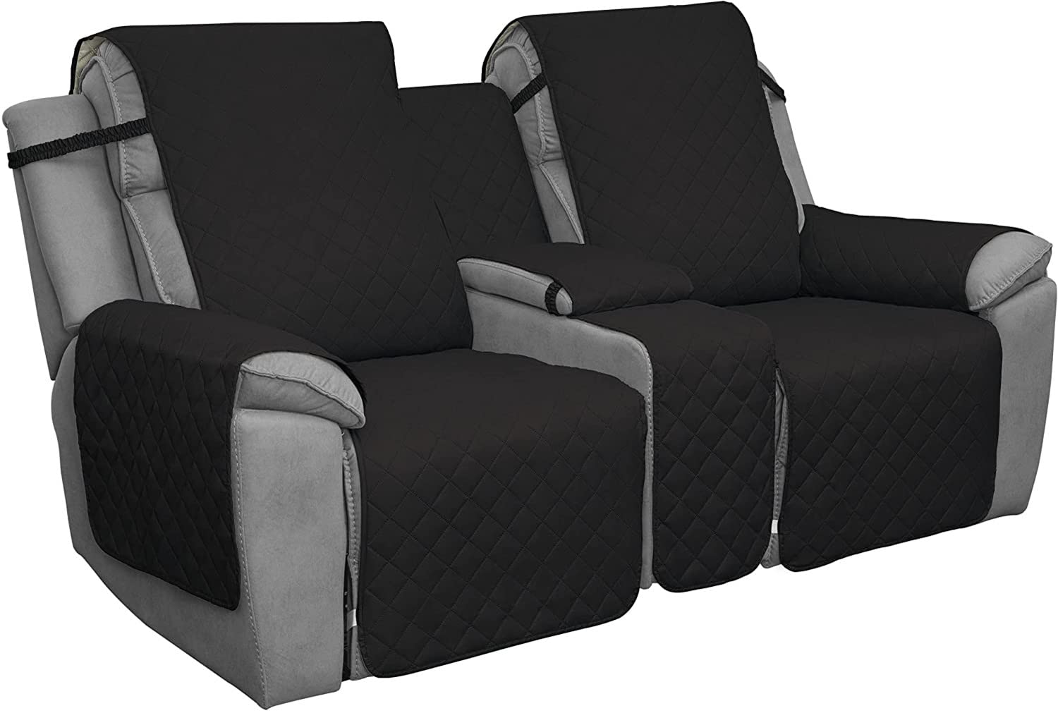 LINFKY Recliner Loveseat Covers with Middle Console, Quilted Couch Cover for Living Room, Split Sofa Cover for Each Seat with Elastic Straps for Pet Dog Furniture Protector (Black)