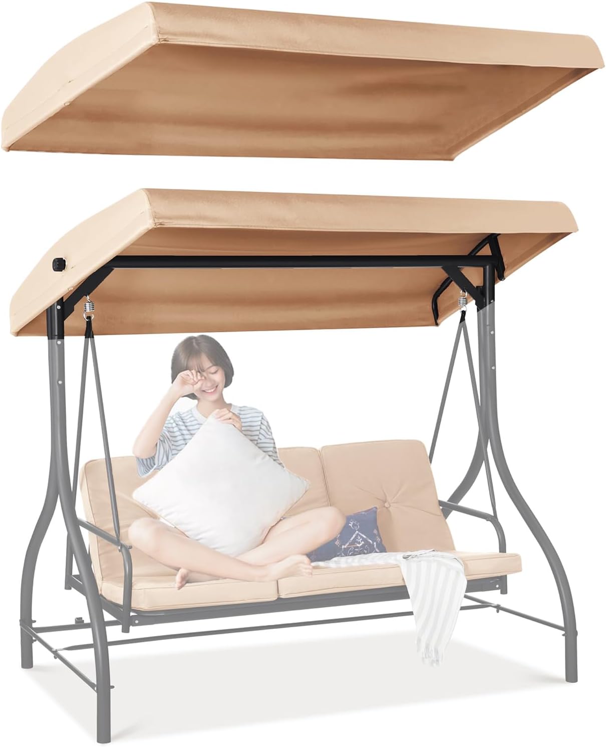 2 & 3 Seater Swing Canopy, Waterproof Polyester Swing Chair Canopy Replacement Cover Garden Patio Hammock Top Cover for Outdoor Furniture(Only Swing Top Cover)(Size:3 Seater: 192x124cm/75.6x48.8inch)