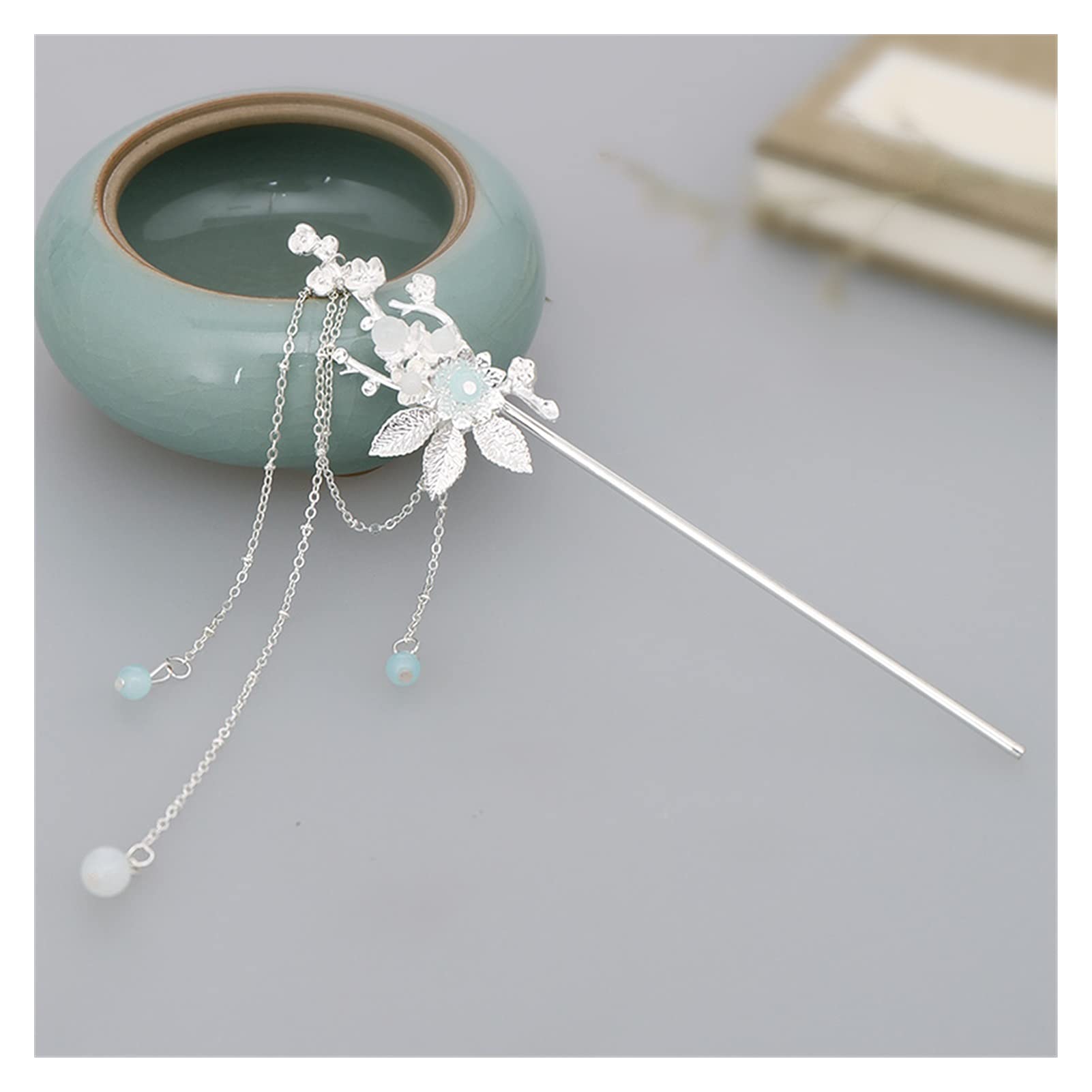 Fiori di Chiusura dei Capelli cristallini da Donna Design Design in Argento Scepisci Il Bastone for Capelli Hanfu con Tappeto. (Color : Moon Tassel)