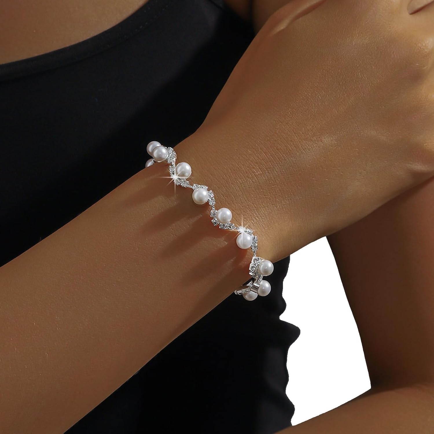 Silver Rhinestone Pearl Necklace, Earrings & Bracelet Set for Women - Wedding, Party, Beach - Vintage Style - 3 Pcs - Image 4