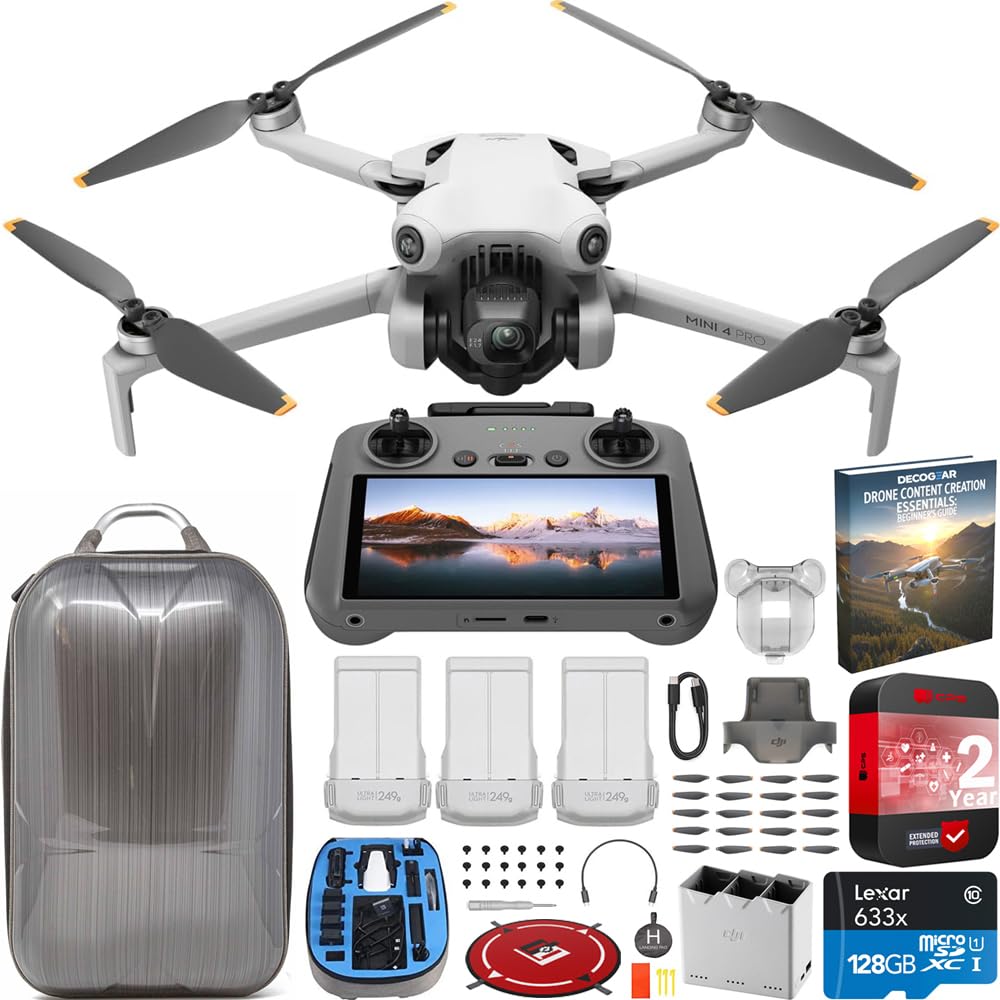 DJI Mini 4 Pro Folding Drone with RC 2 Remote (Screen) Fly More Combo, 4K Video Camera, Under 249g, 3 Battery Bundle with Deco Gear Hard Case Backpack
