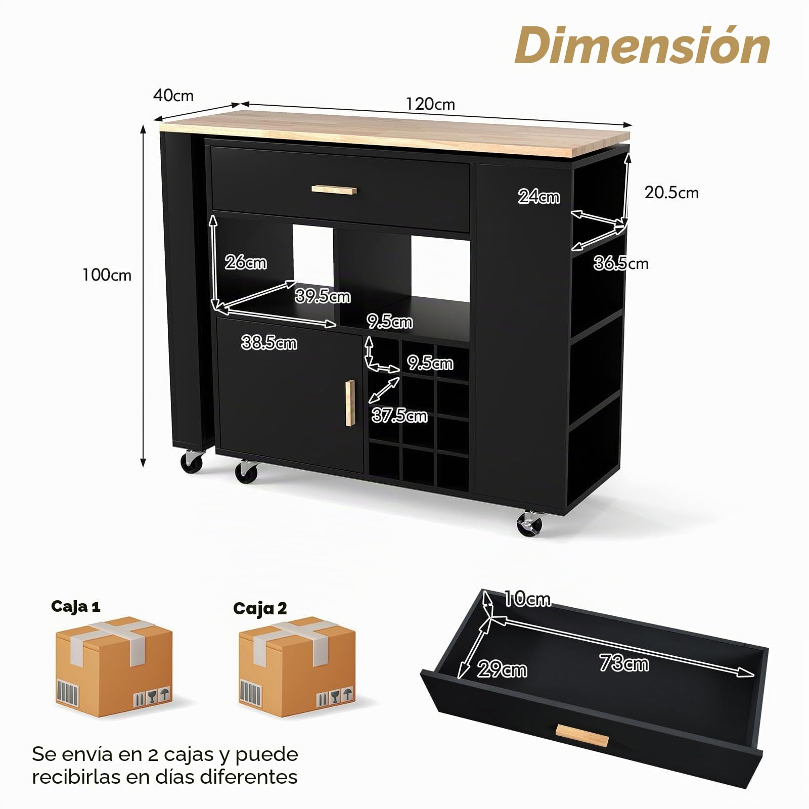 KOMFOTTEU Carro de Cocina con Encimera Giratoria, Isla de Cocina con Cajón, Botellero para 12 Botellas de Vino, Carrito Auxiliar con Estante Ajustable, Mueble Buffet para Comedor, Bar (Negro)