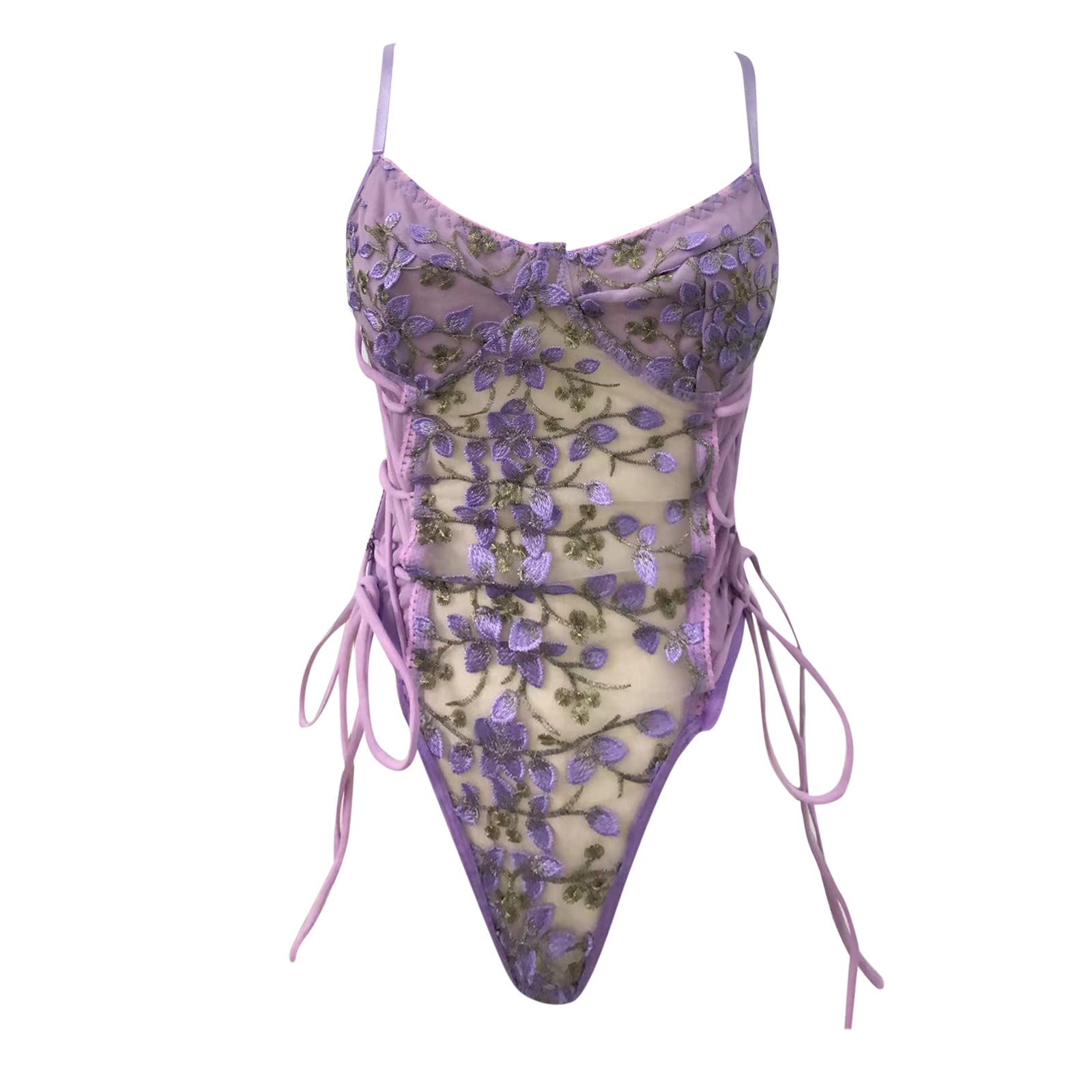 Damen-Unterwäsche, durchsichtig, sexy Spitze, Stickerei, Riemen, Rollenspiel-Body, Pyjama, Kleidung für Frauen, sexy Dessous (Lila S)