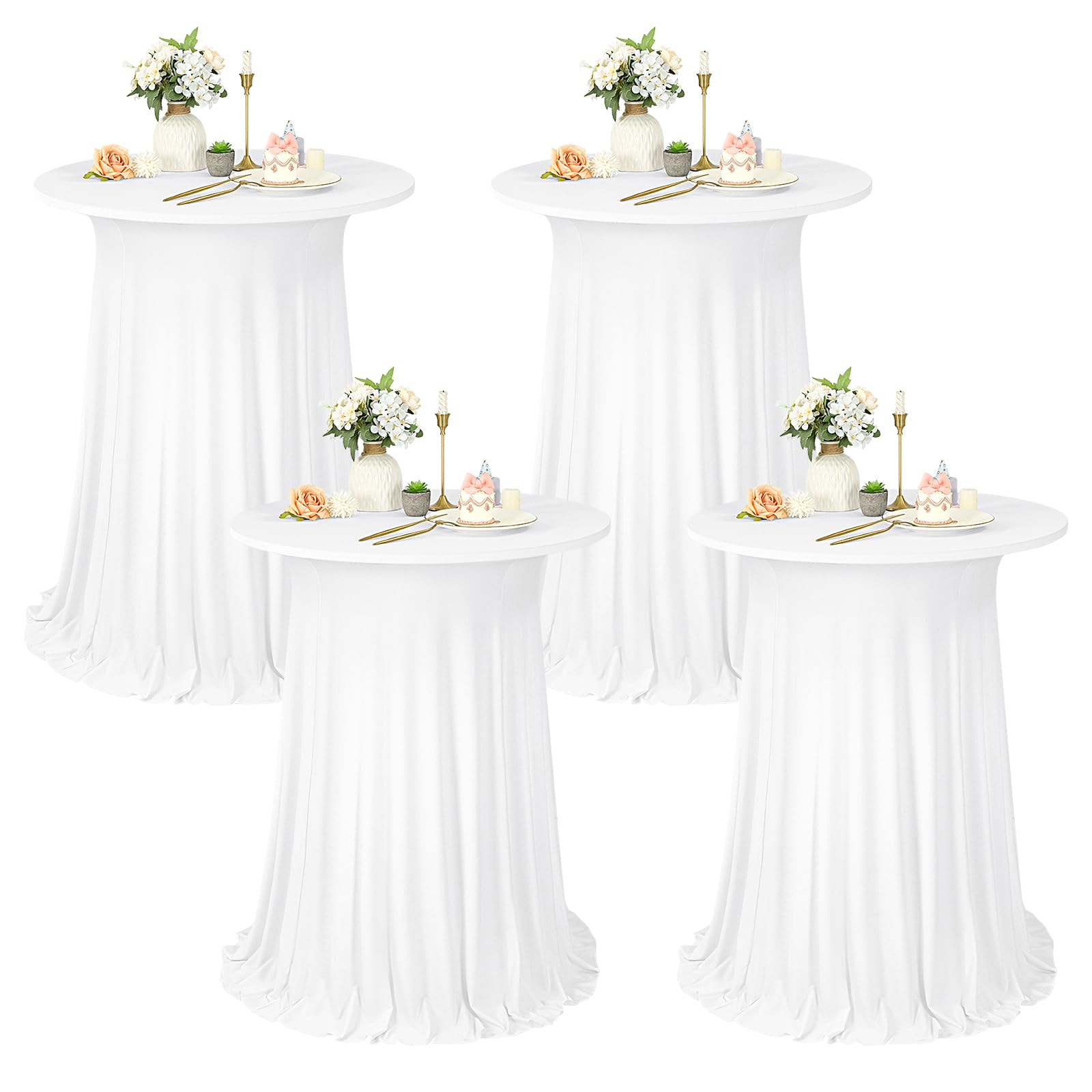 4er-Set Weiß Stehtisch Hussen Stretch mit Rock, 80 x 110 cm,schmutzabweisend, knitterfrei, waschbar, runder Stretch-Cocktail-Tischrock aus Polyester für Hochzeiten, Partys,Restaurants,Bankette