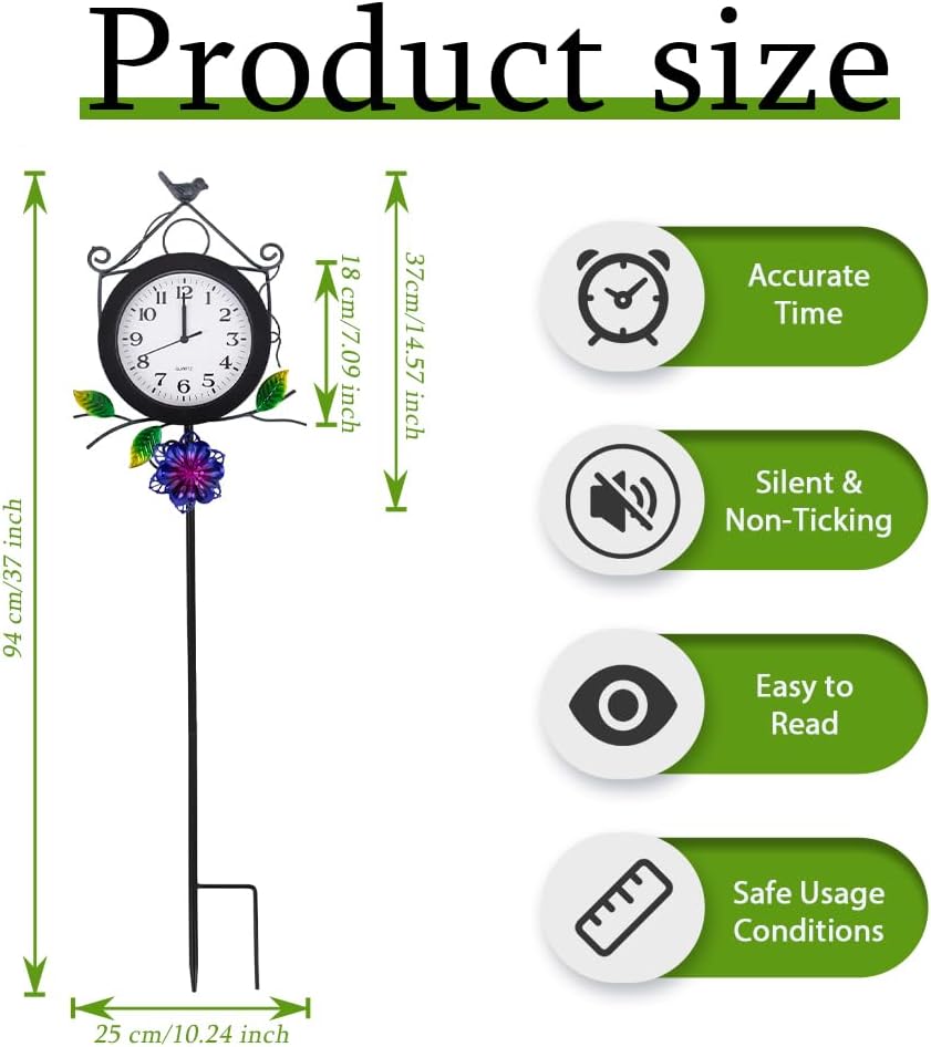 Outdoor Clock with Garden Stake, Flower Birdhouse Outdoor Wall Clock Waterproof, Silent No-Ticking Outdoor Clocks for Garden, Patio, Yard, Fence