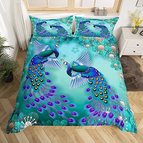 Peacock Comforter Cover Bohemian Duvet Cover Set Exotic Birds Animals Bedding Sets Navy Blue Feather Teal Floral Fresh Natural Bedspreads Cover With 2 Pillow Cases Bedroom Decor King Size Pastel #TOP4