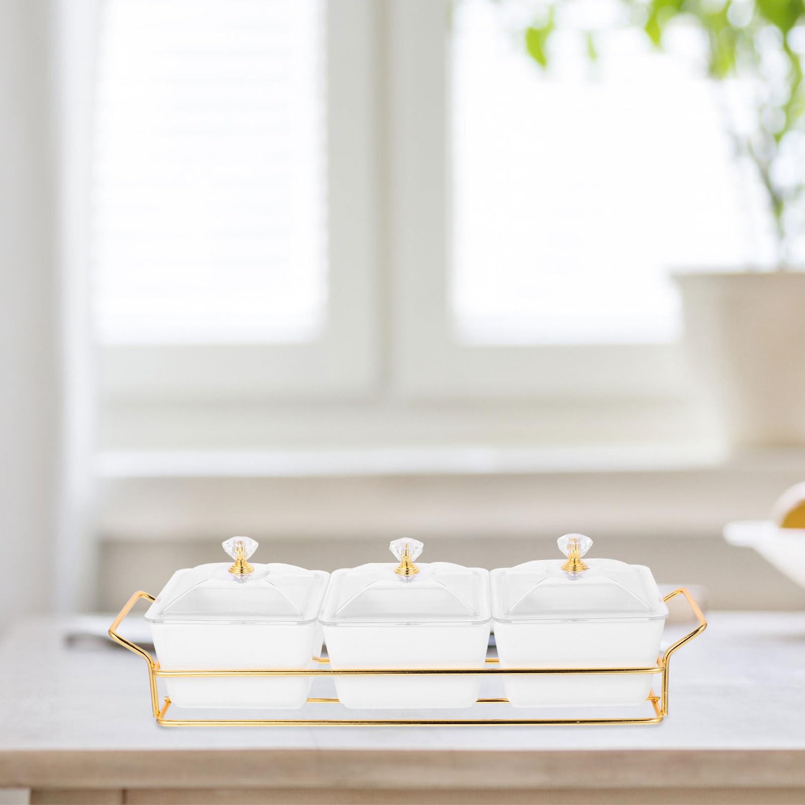GLEAVI Geteilter Keramik Snackteller mit Deckel 3 fächer Design Glatte Oberfläche Weißer Minimalistischer Stil für Haushalt und Partys
