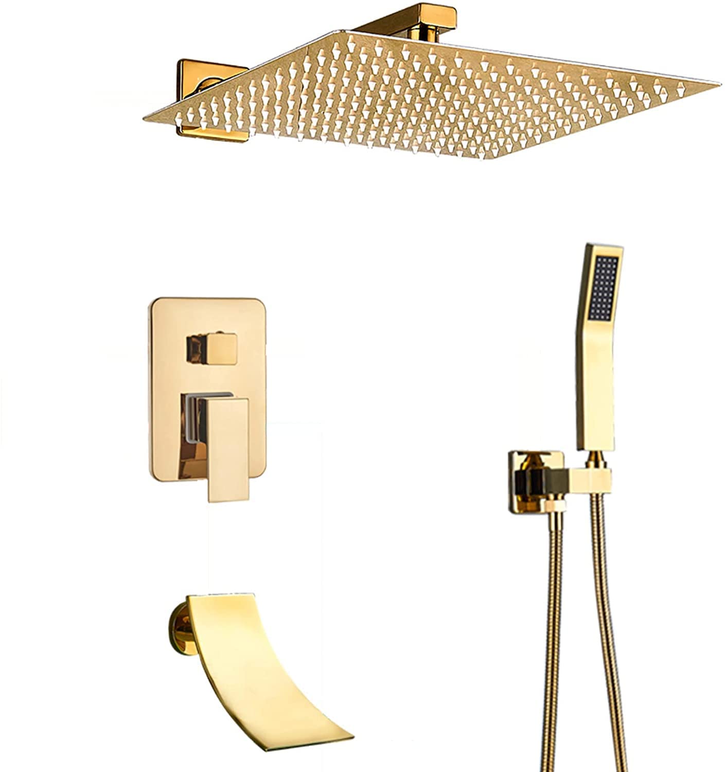GLJTUO Shower System Concealed Shower Mixer Set Wall Mounted Brass Shower Faucet Set with Hand Shower and Rainfall Shower Head Advanced Air Injection Technology Gold F,16 Inch