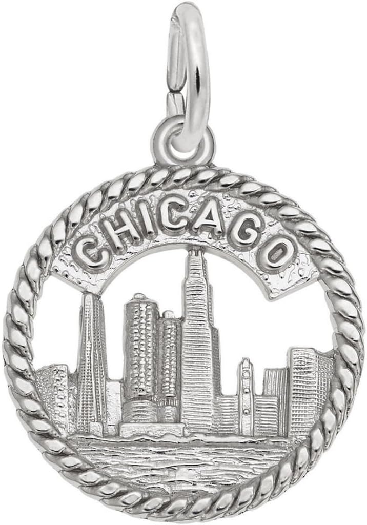 Rembrandt Charms - Round Detailed Chicago Skyline Charm with Rope Design Trim