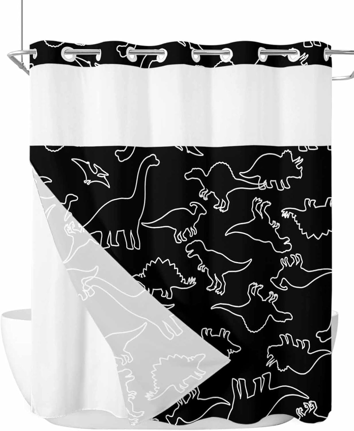 Black Dinosaur No Hook Shower Curtain with Snap in Liner Waterproof Fabric Shower Curtain Set for Bathroom White Abstract Animals Cute Cartoon Shower Curtain with See Through Top Window 72"x78"