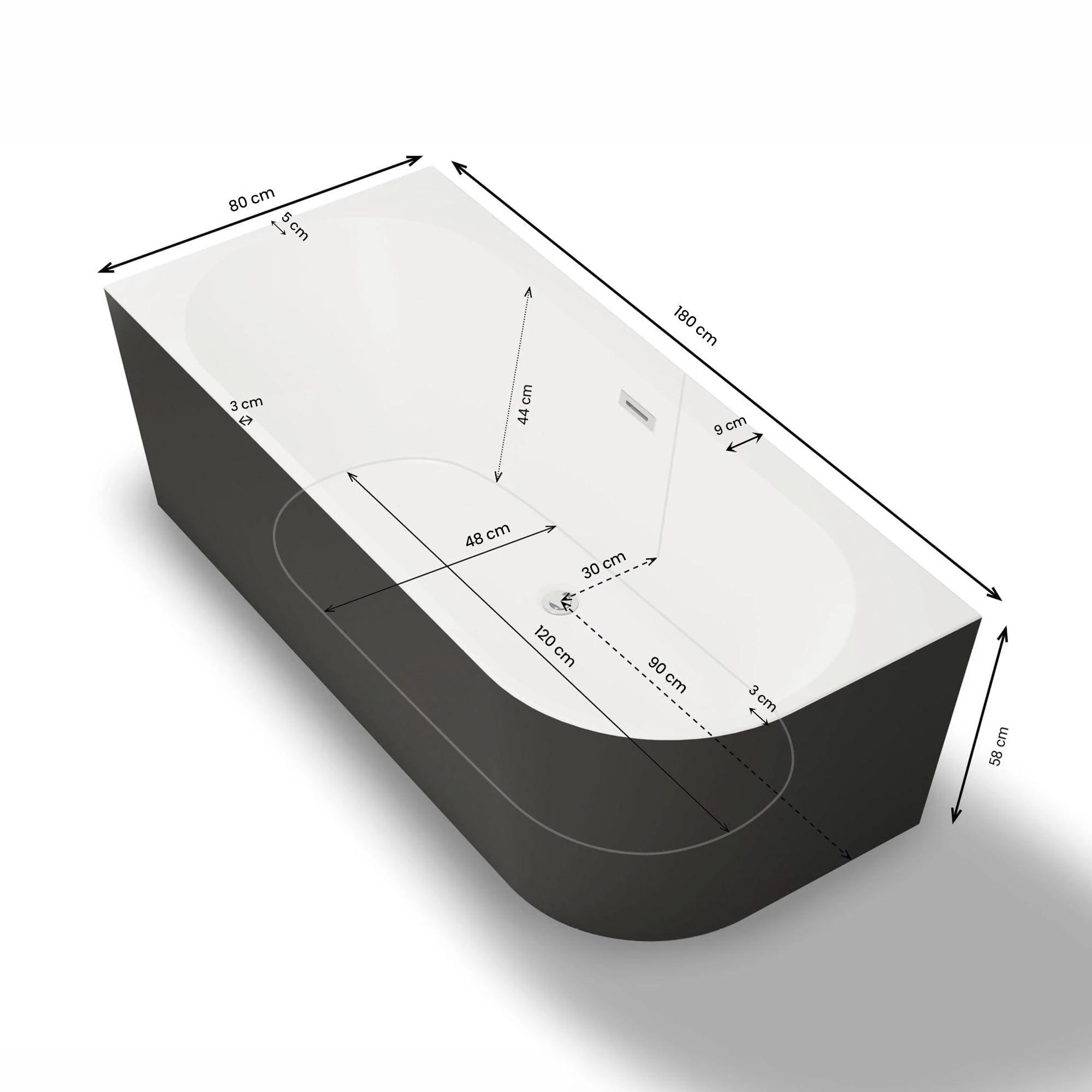 SPALINA Capri 180 Gauche Noire - Bañera Semi-exenta Mural L. 180 x l. 81 cm