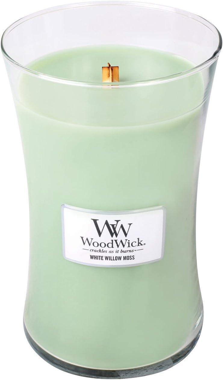 WoodWick White Willow Moss, Highly Scented Candle, Classic Hourglass Jar, Large 7-inch, 21.5 oz