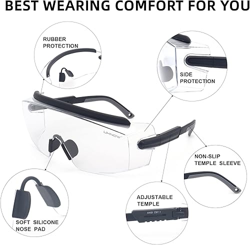Miniatura 5 de UKNOW Anteojos de seguridad sobre lentes, gafas de seguridad antivaho con lente envolvente transparente, ANSI Z87.1 gafas protectoras
