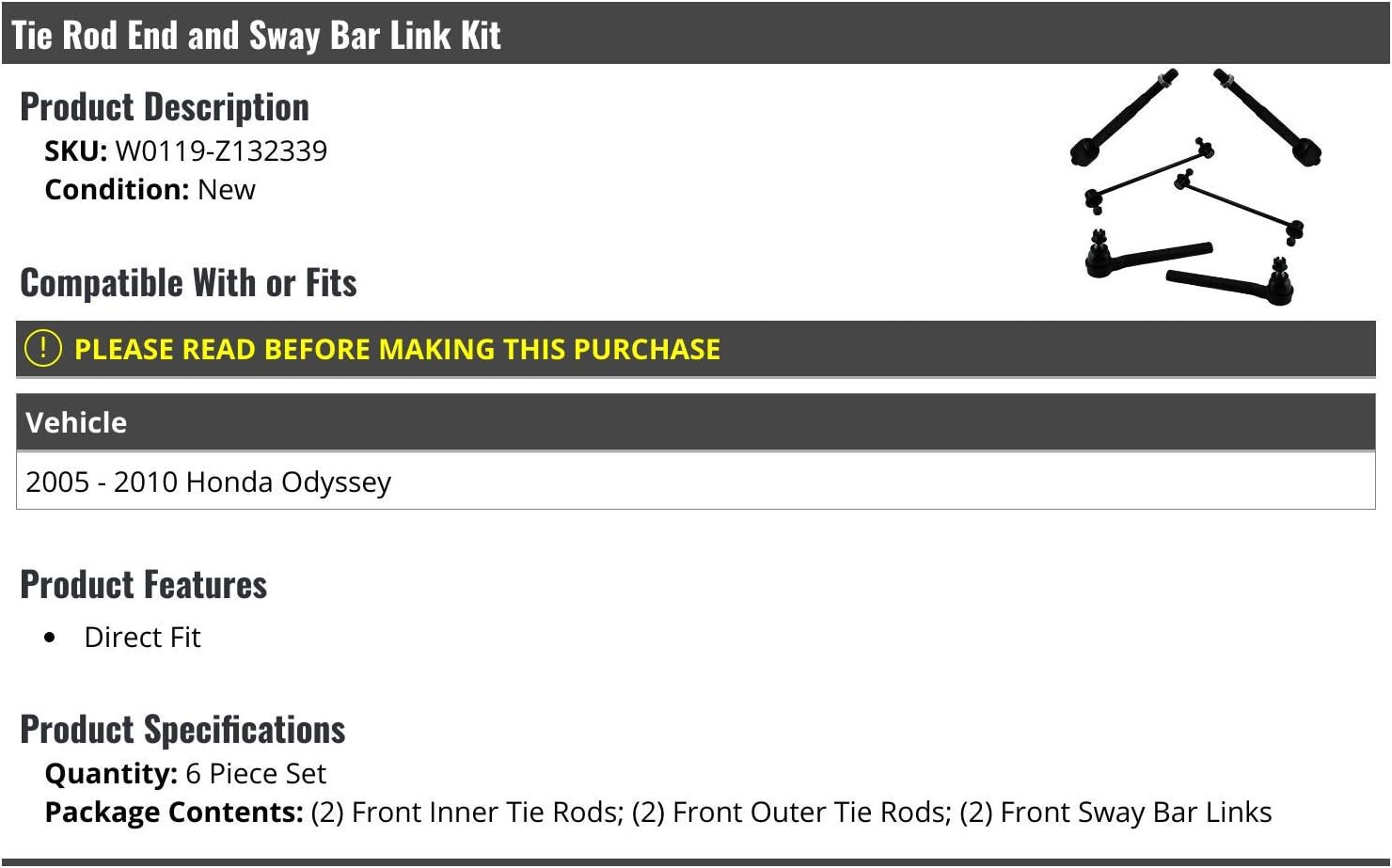 Front Tie Rod End and Sway Bar Link Kit - 6 Piece Set - Compatible with 2005-2010 Honda Odyssey