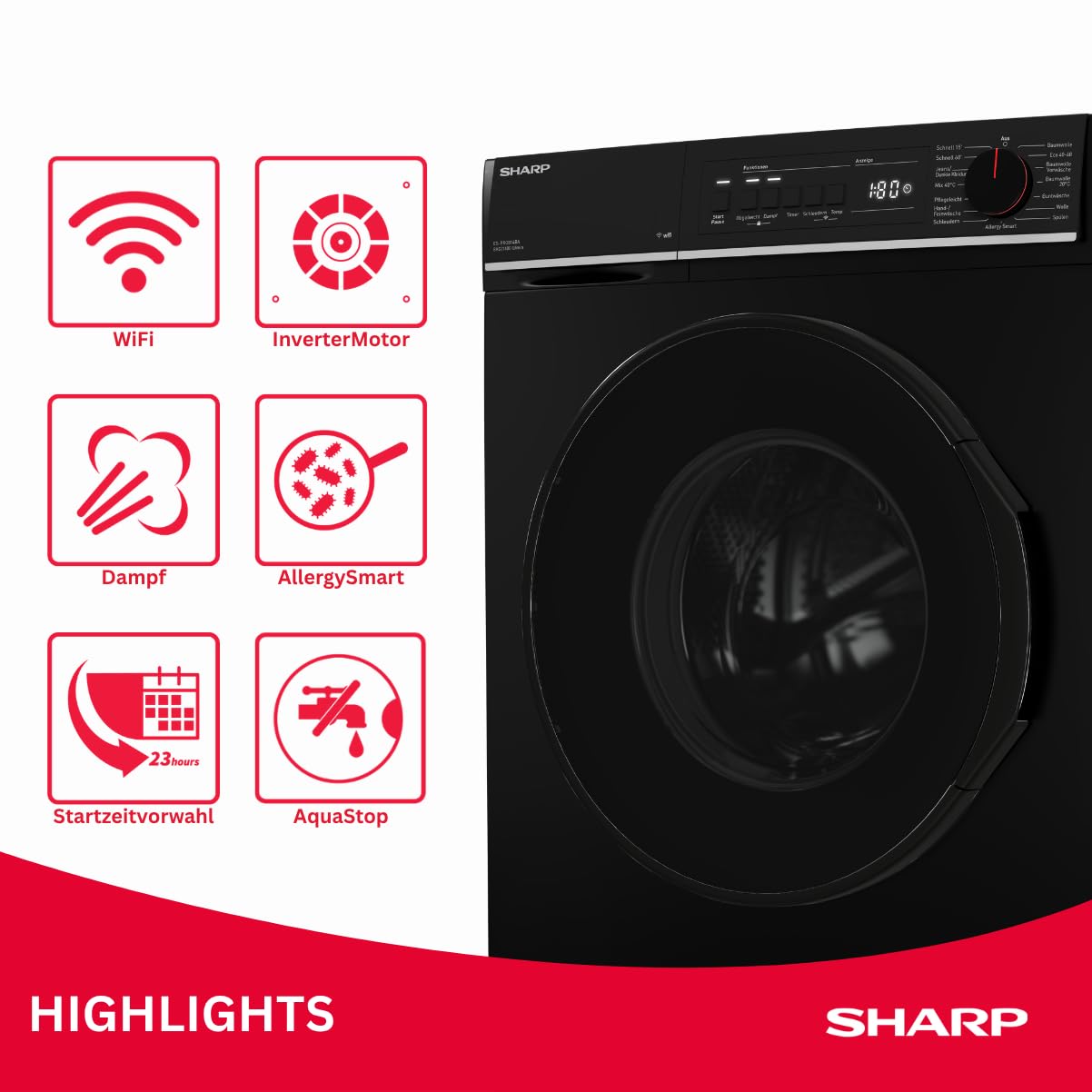 SHARP ES-PRO814BA-DE Waschmaschine 8 kg EEK A 1400 U/min WiFi Inverter Motor Dampf AquaStop Schwarz