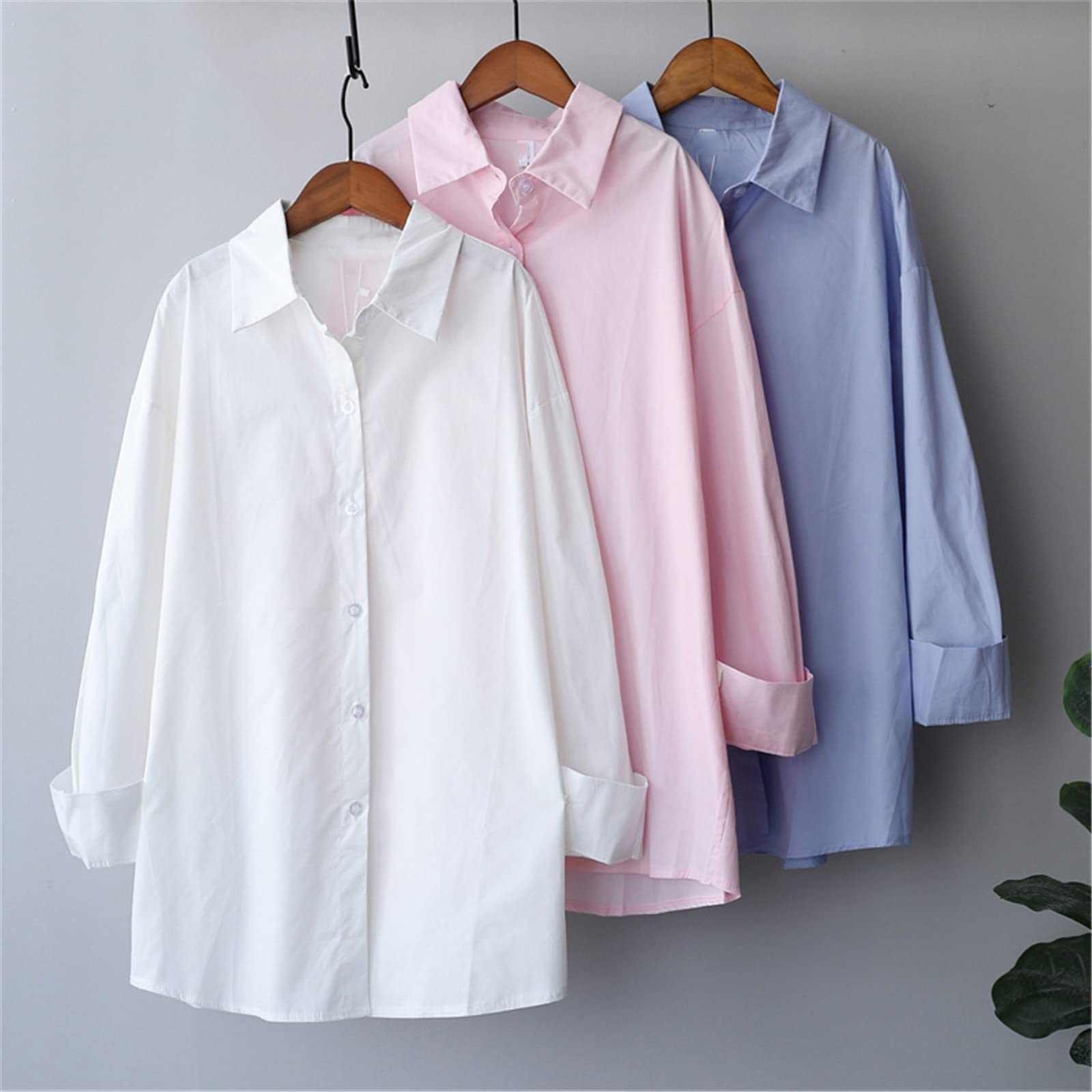 Blusa de manga larga Mujer Botón Up Camisa de señoras Tops de moda coreana Blanco Azul Rosa Algodón Otoño Suelto Oversize, azul, M