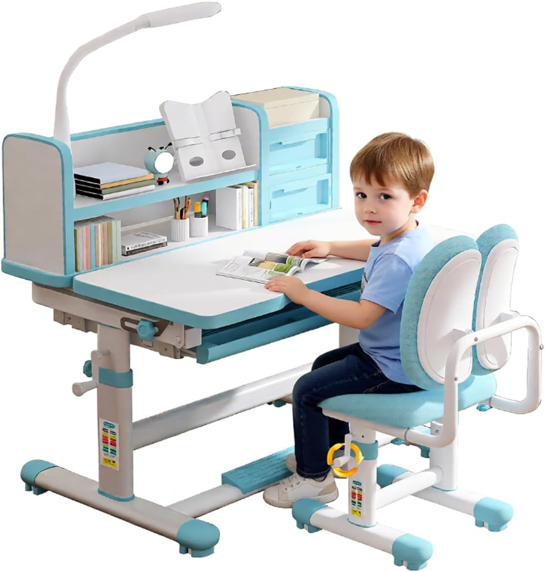 Kids Study Desk and Chair Set 3-18 Years Ergonomic Height Adjustable Children School Study Desk with Tilt Desktop, Drawer Boy and Girl Table and Chair Set 3 Modes Light