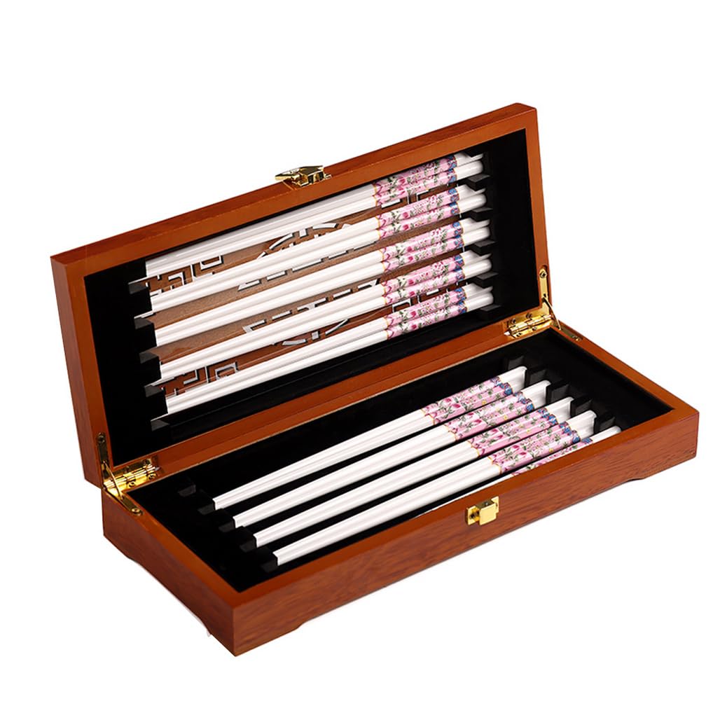 10 Paires Baguettes en Céramique avec Motif De Pêche, Baguettes en Porcelaine D'os Chinois De Haute Qualité avec Boîte Délicate, Facile À Nettoyer, Lave-Vaisselle Pink