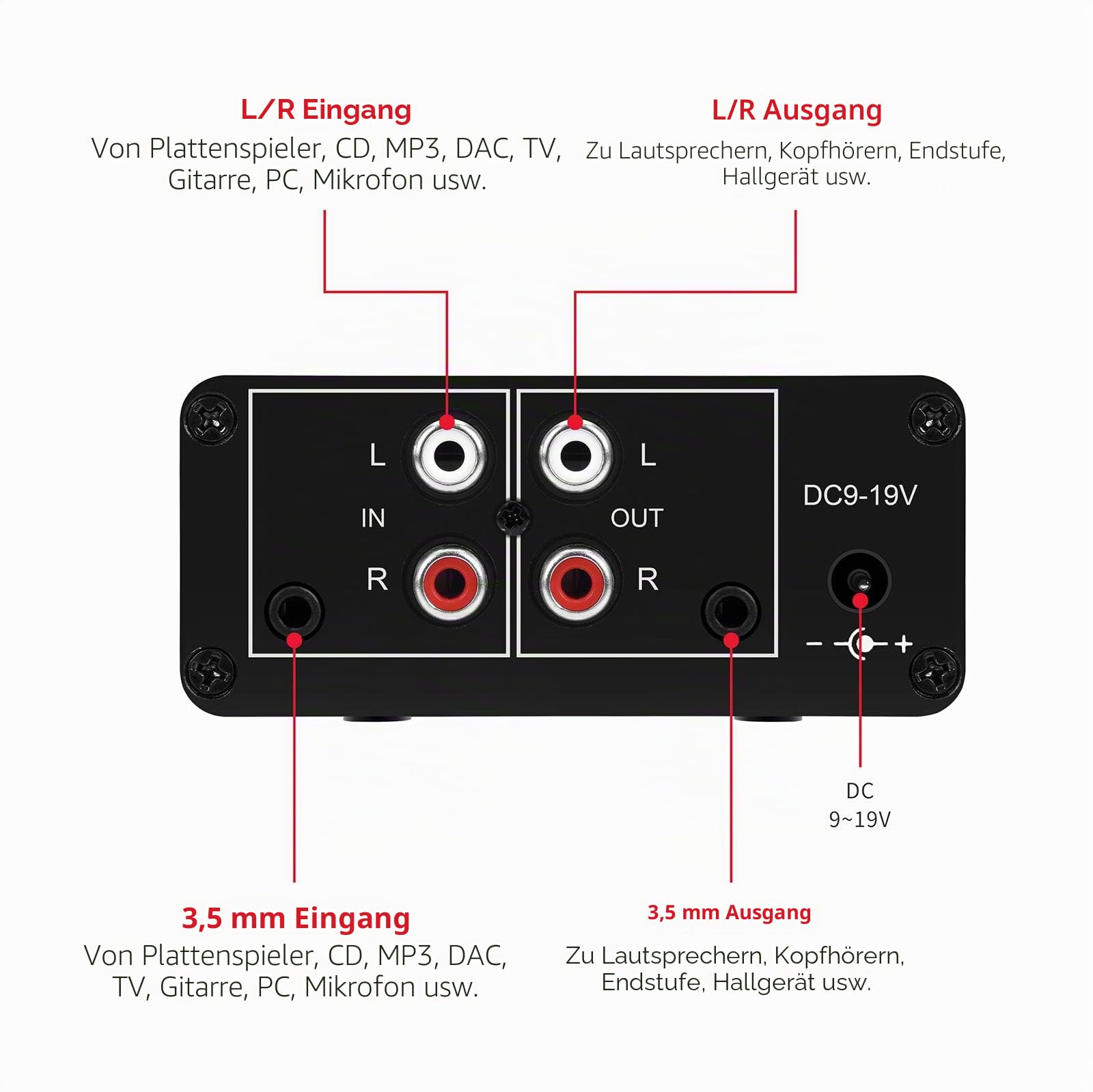 Mini-Stereo-Audio-Vorverstärker, Kopfhörerverstärker, Verstärkung 20 dB Phono-Plattenspieler-Phonographen-Vorverstärker, Dual-OP-Verstärker NE5532 mit Cinch-3,5-mm-Eingang auf Cinch-Ausgang