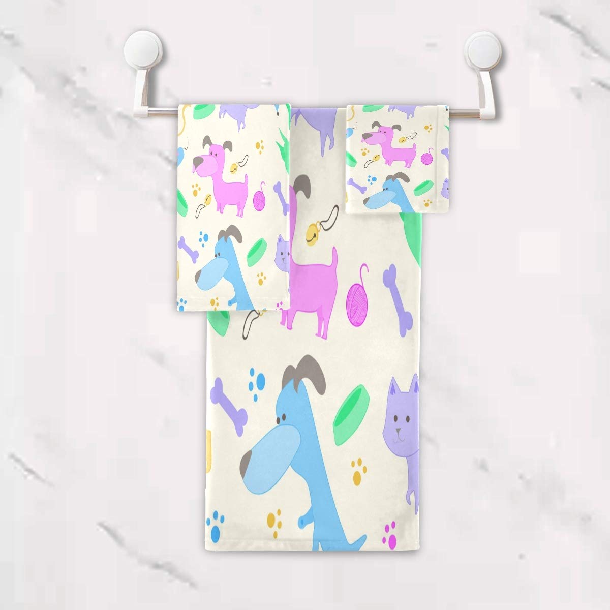 Pie De Perro Colorido Juego de Toallas para Baño Playa 100% Algodón de Piscina Toalla (1 Toalla de Baño y 1 Toalla de Mano y 1 Paño de Lavado) para Nadar Hotel Niñas Niños Niños