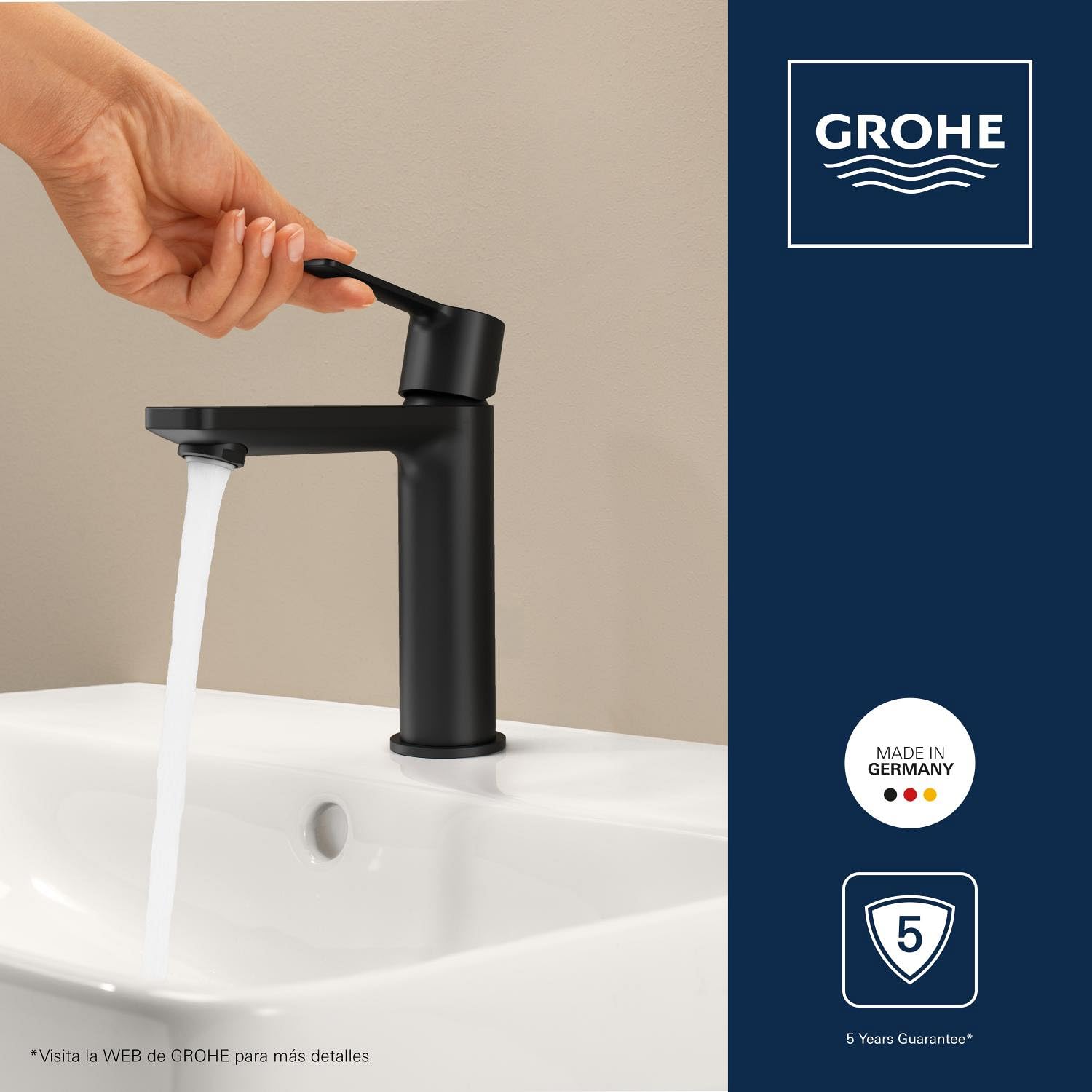 GROHE Lineare – Grifo Monomando de Lavabo de Cuerpo Liso con Vaciado Push-Open (Caño Alto, Cartucho Cerámico 28 mm, Ahorro de Agua, Flexibles 3/8"), Tamaño 18 cm, Negro Mate, 231062431