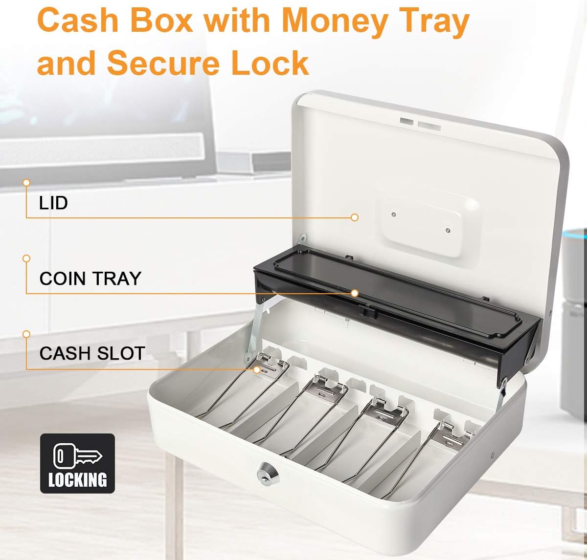 Jssmst Large Locking Cash Box with Money Tray, Lock Box with Security Cable Metal Money Box with Key Lock, White : Office Products
