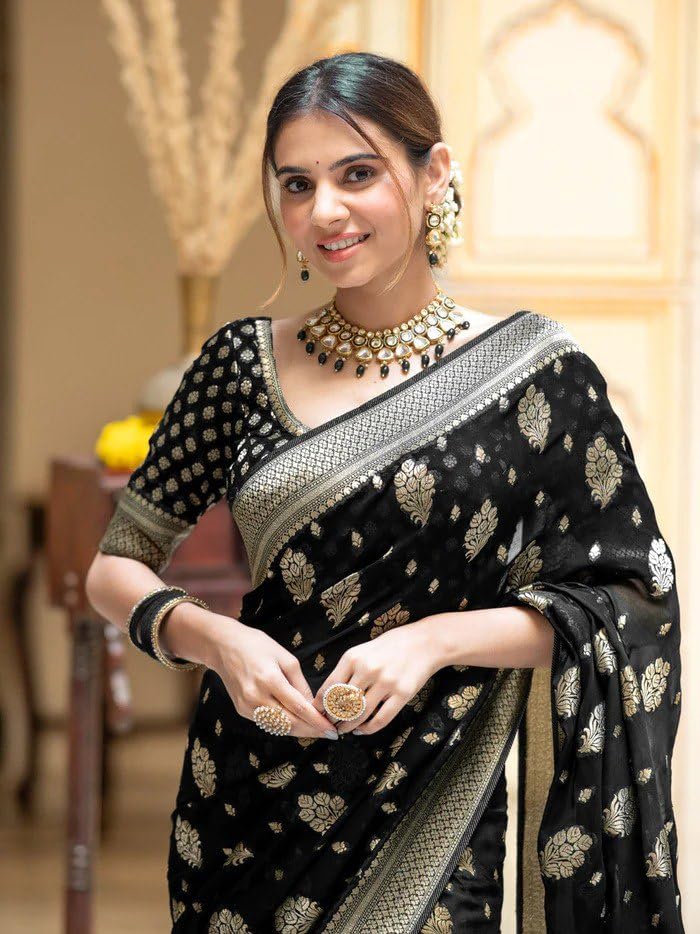 Flosive Women's Kanjivaram Silk Saree With Zari Weaving Work With Blouse Piece (Black)