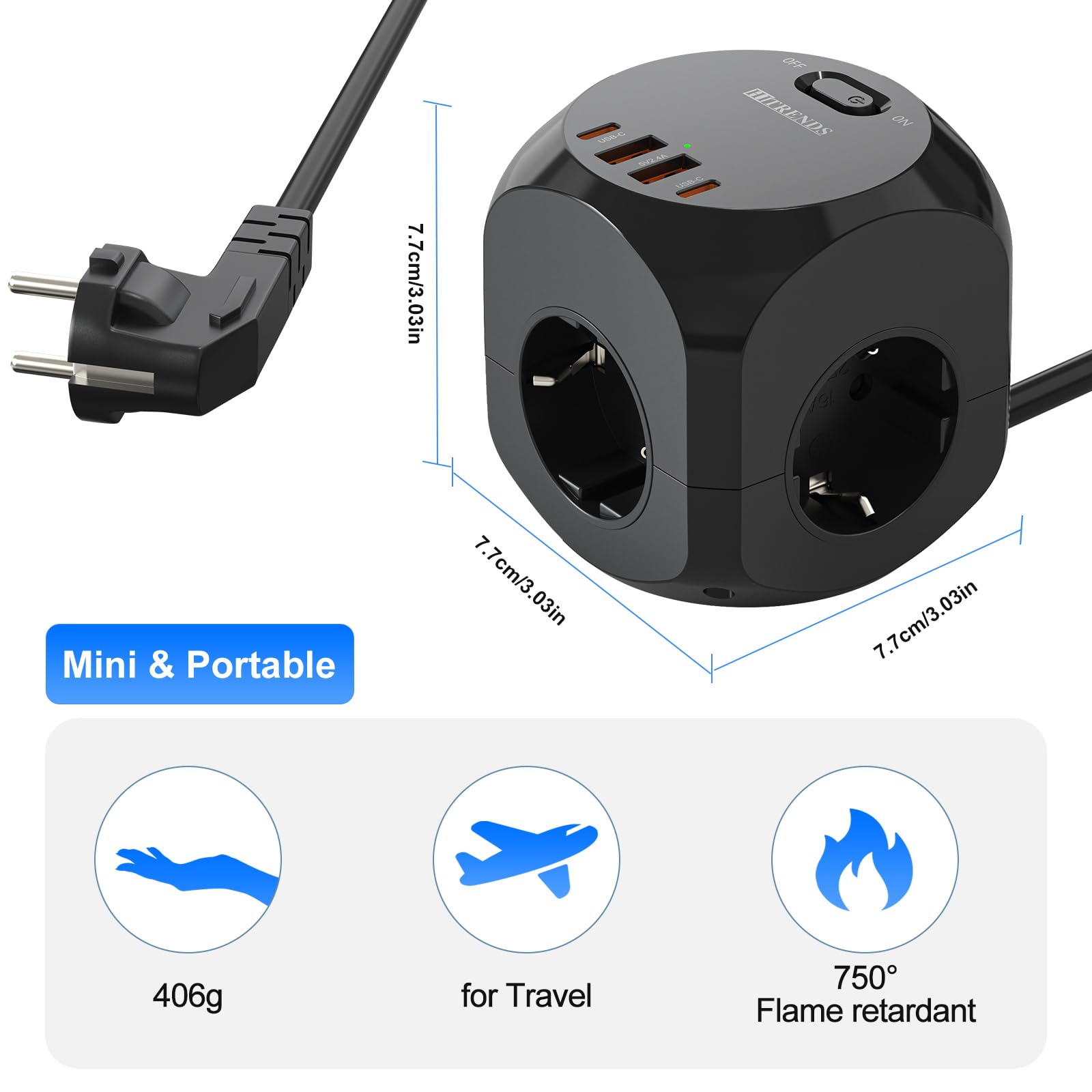 Prise de table 8 en 1 avec cube USB, cube de prise avec câble de 2 m