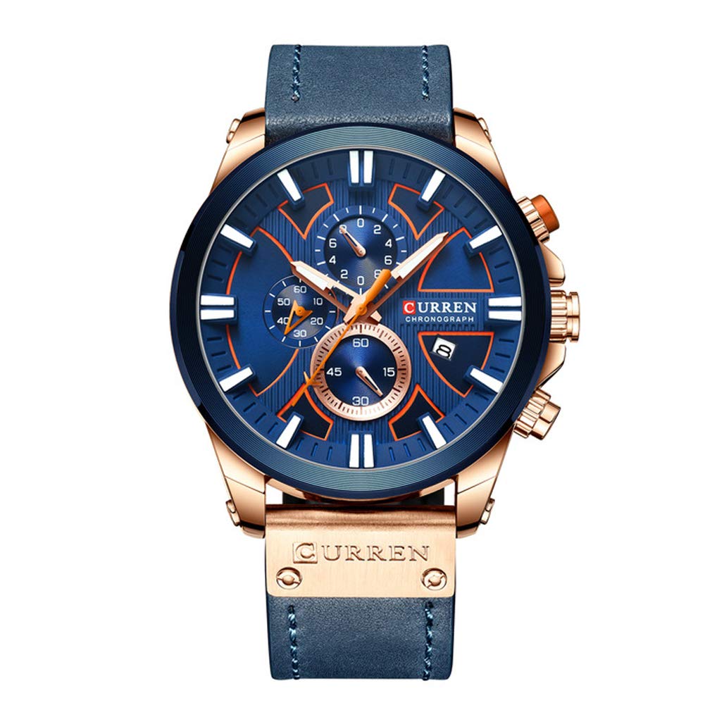 CURREN Orologio Da Uomo Al Quarzo, Quadrante Blu 48mm Con 3 Sub Quadranti E Data, Cinturino In Pelle, Modello 8346, Impermeabile 3 Bar