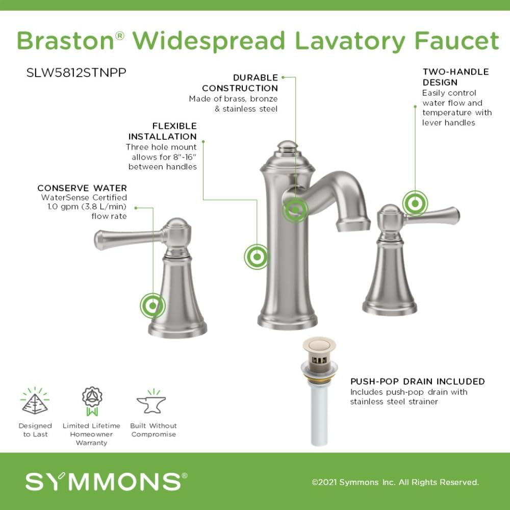 Braston Widespread Two-Handle Bathroom Faucet with Push Pop Drain Assembly in Satin Nickel (1.0 GPM) - SLW5812STNPP