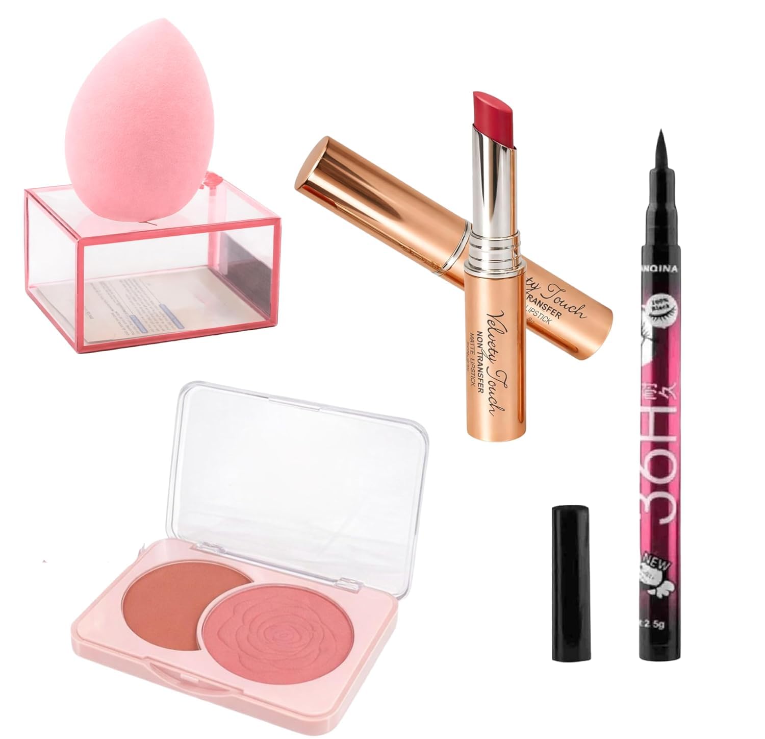 2-in-1 Rose-Embossed Blush & Bronzer Palette, Velvety Touch Non-Transfer Matte Lipstick (Rose Pink), 36H Waterproof Precision Liquid Eyeliner & Beauty Blender with Travel Case-image-43