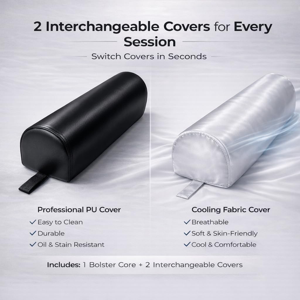 Dual-Cover Comfort Massage Bolster Pillow 3/4 Round, 26 x 6 x 6 in PU Leather & Cooling Cover Bolster for Massage Table, Massage Bolster Pillow for Legs, Leg & Knee Bolster Support – Black/ Light Gray