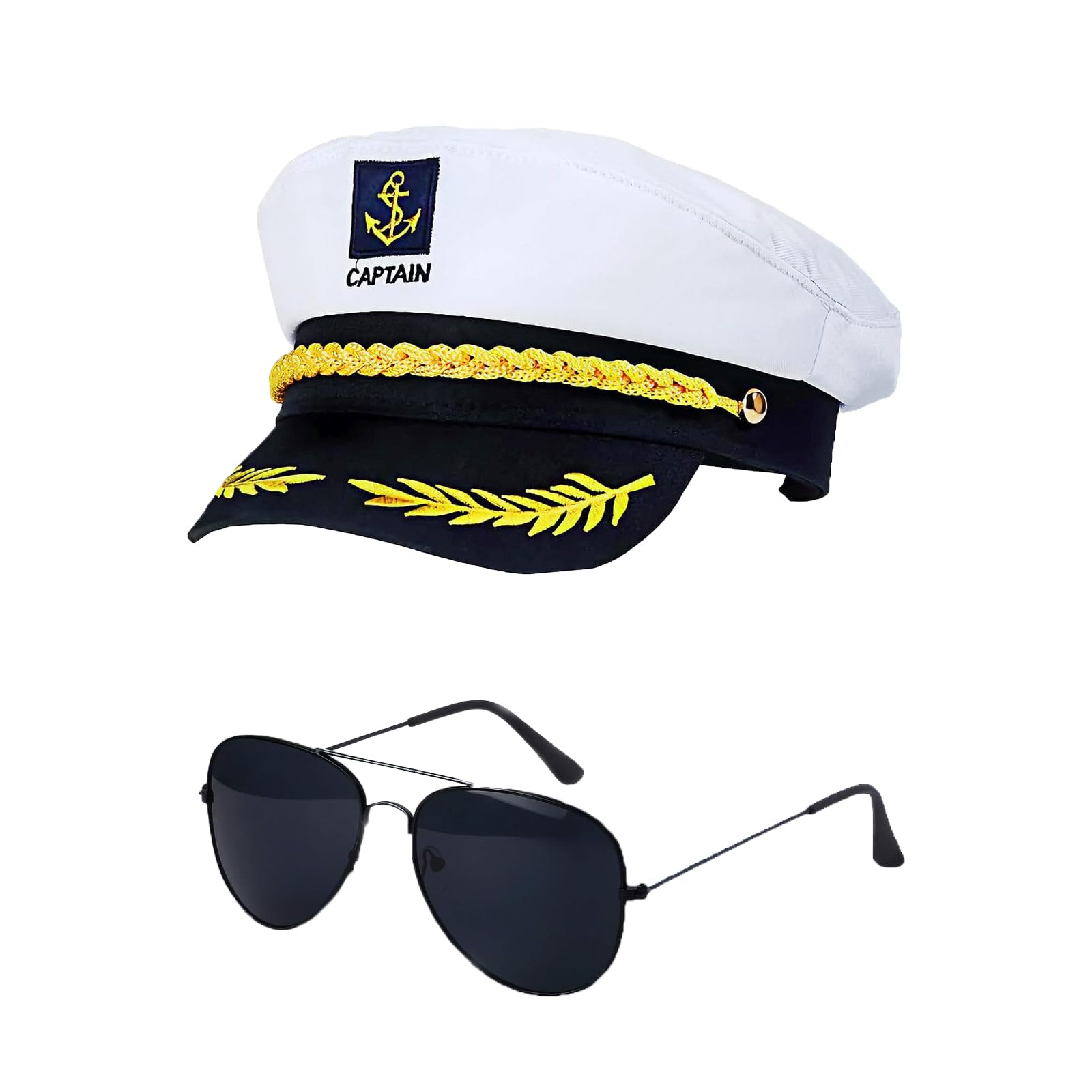 Yacht Captain Costume Set Adjustable Boat Sailor Hat Navy Cap with Sunglasses for Halloween Cosplay Nautical Theme Parties Fancy Dress