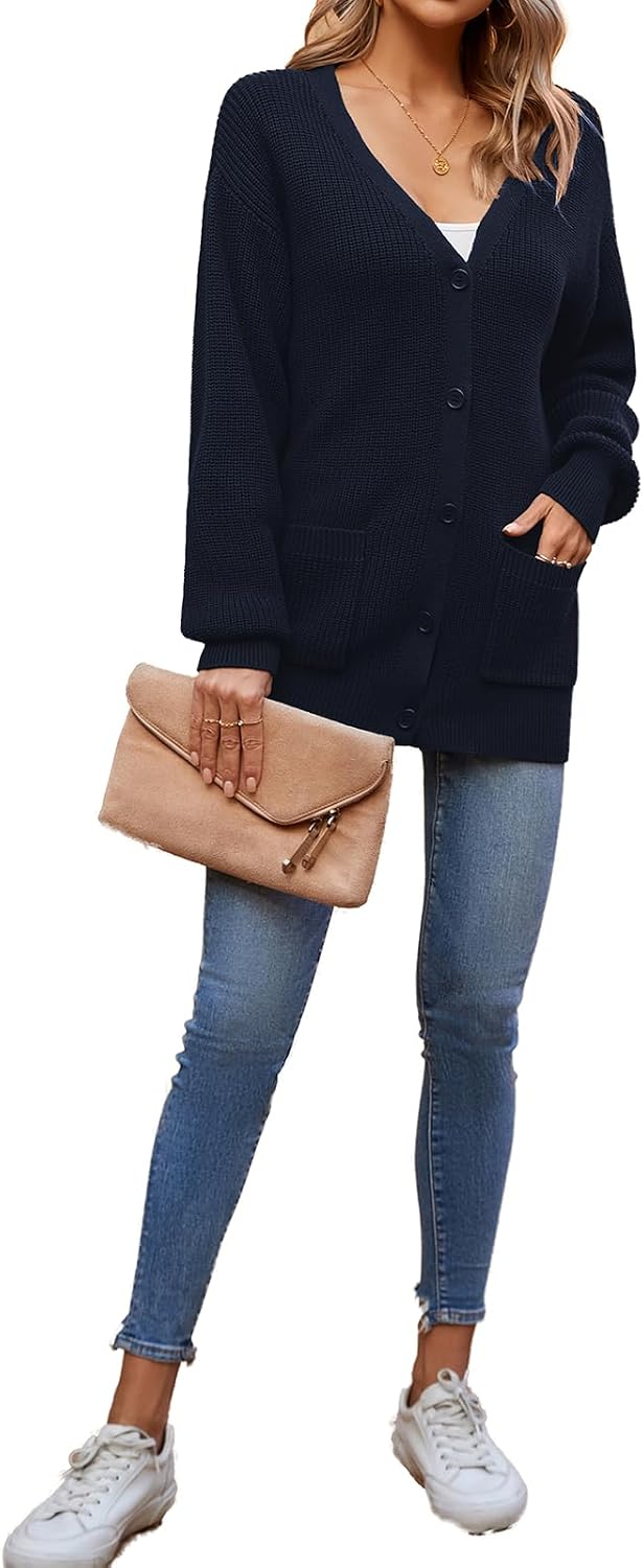 QUALFORT Women's 100% Cotton Cardigans for Women Lantern Sleeve Oversized Sweater with Pockets Womens Fall Cardigans 2025