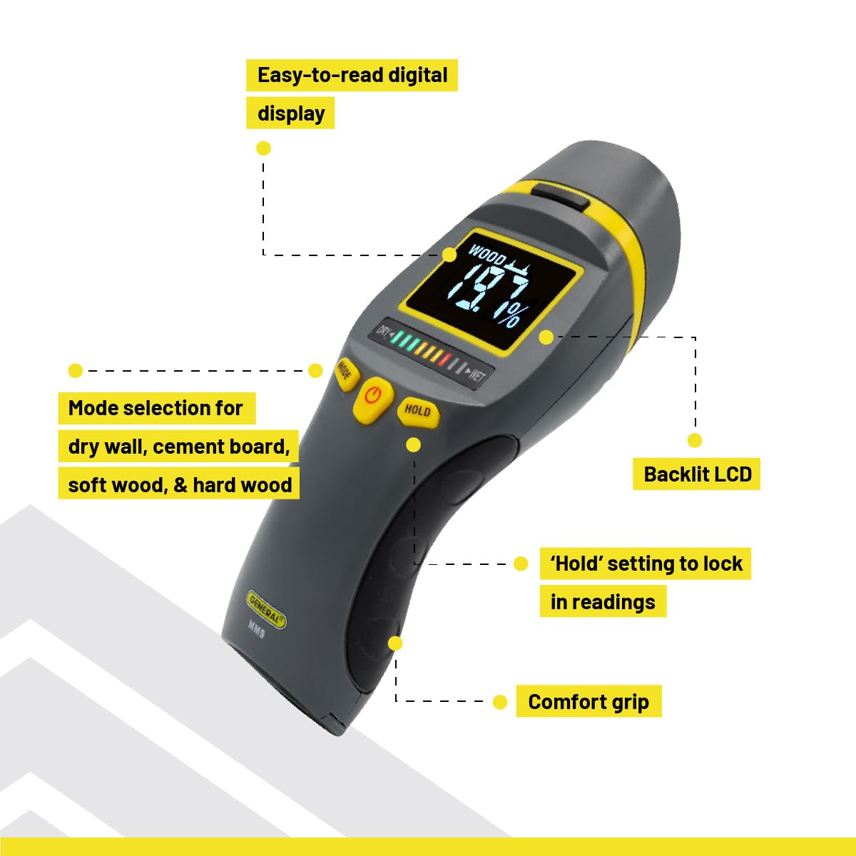 General Tools MM9 - Misuratore di umidità senza pin - Doppio rilevatore di umidità per legno, cartongesso e materiali da costruzione - Display digitale, modalità scansione e pin, conservazione dati |