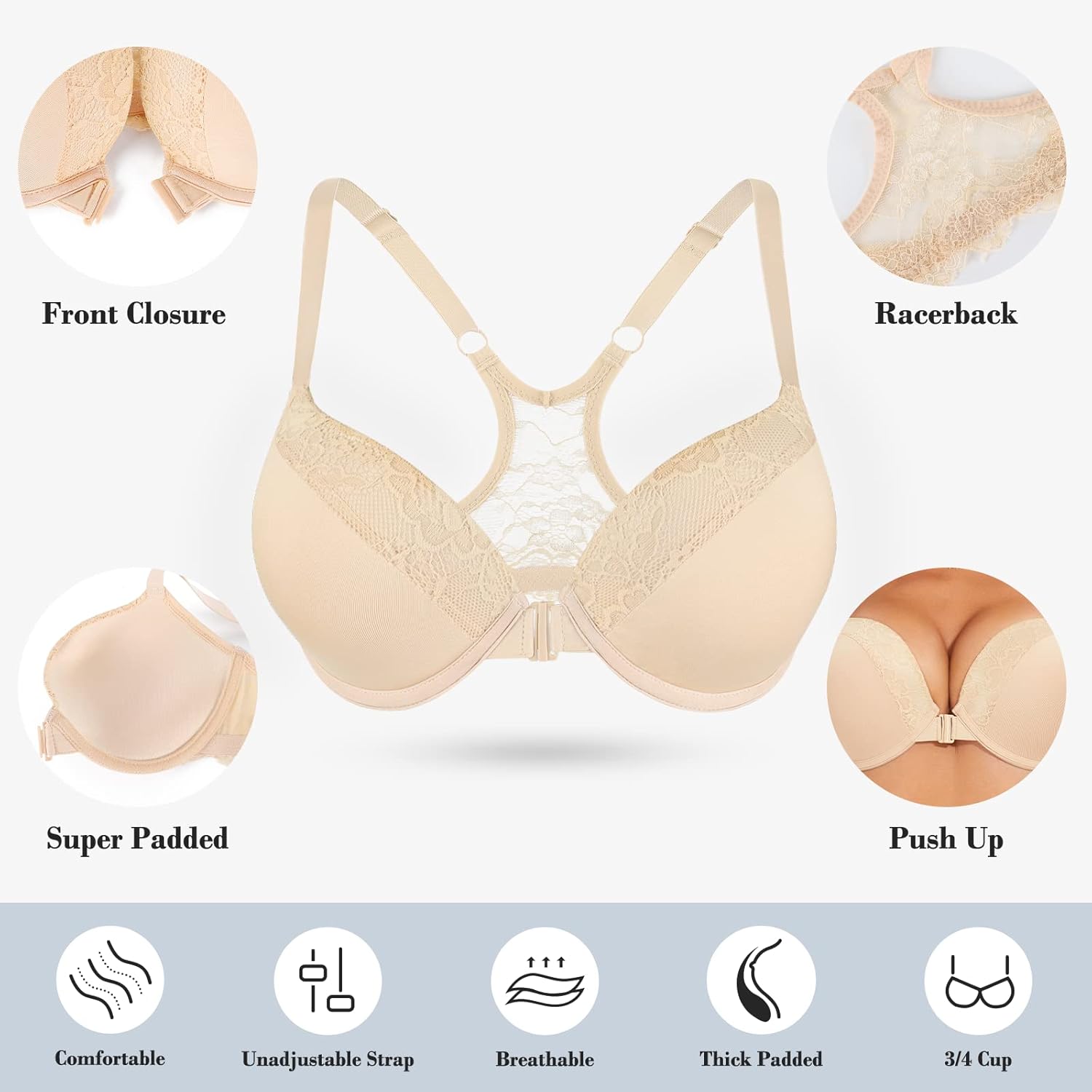 Front Closure Racerback Push Up Bra Super Padded Add 2 Cup Lace Underwire Lift Up Bras - Image 7