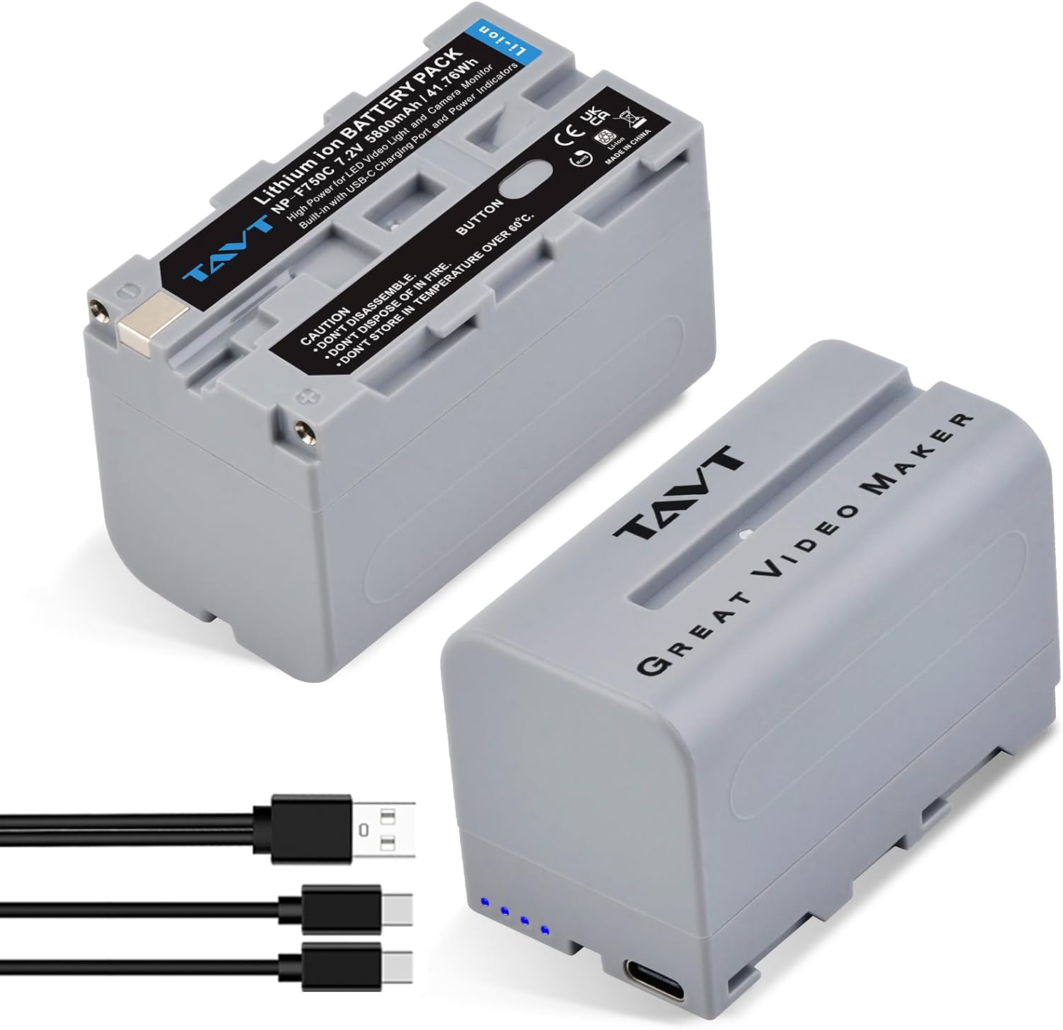 NP-F750 Battery 2 Pack 5800mAh Replacement Rechargeable Battery with USB Type C Port/Cable, Compatible with Camera Camcorder/LED Light/Monitor/Round Light (Not for Camera)