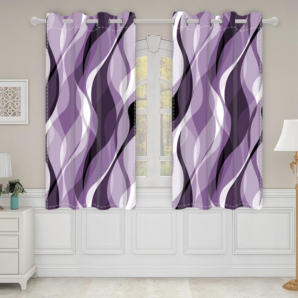 Ombre Purple Blackout Window Curtains Abstract Art Aesthetic Gradient Kitchen Curtains Geometric Wave Lines Thermal Insulated Room Darkening Window Drapes Home Decor,26x84 inch,2 Panels