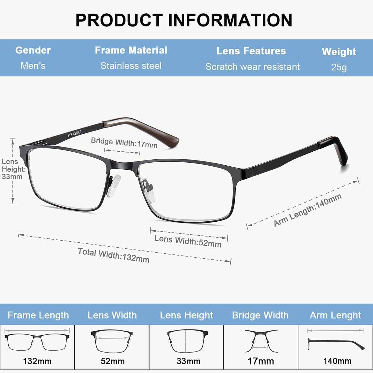 EYECEDAR 5 Pack Reading Glasses Men Ultra-thin Metal Frames Spring Hinges Readers for Men 1.5 - Image 3