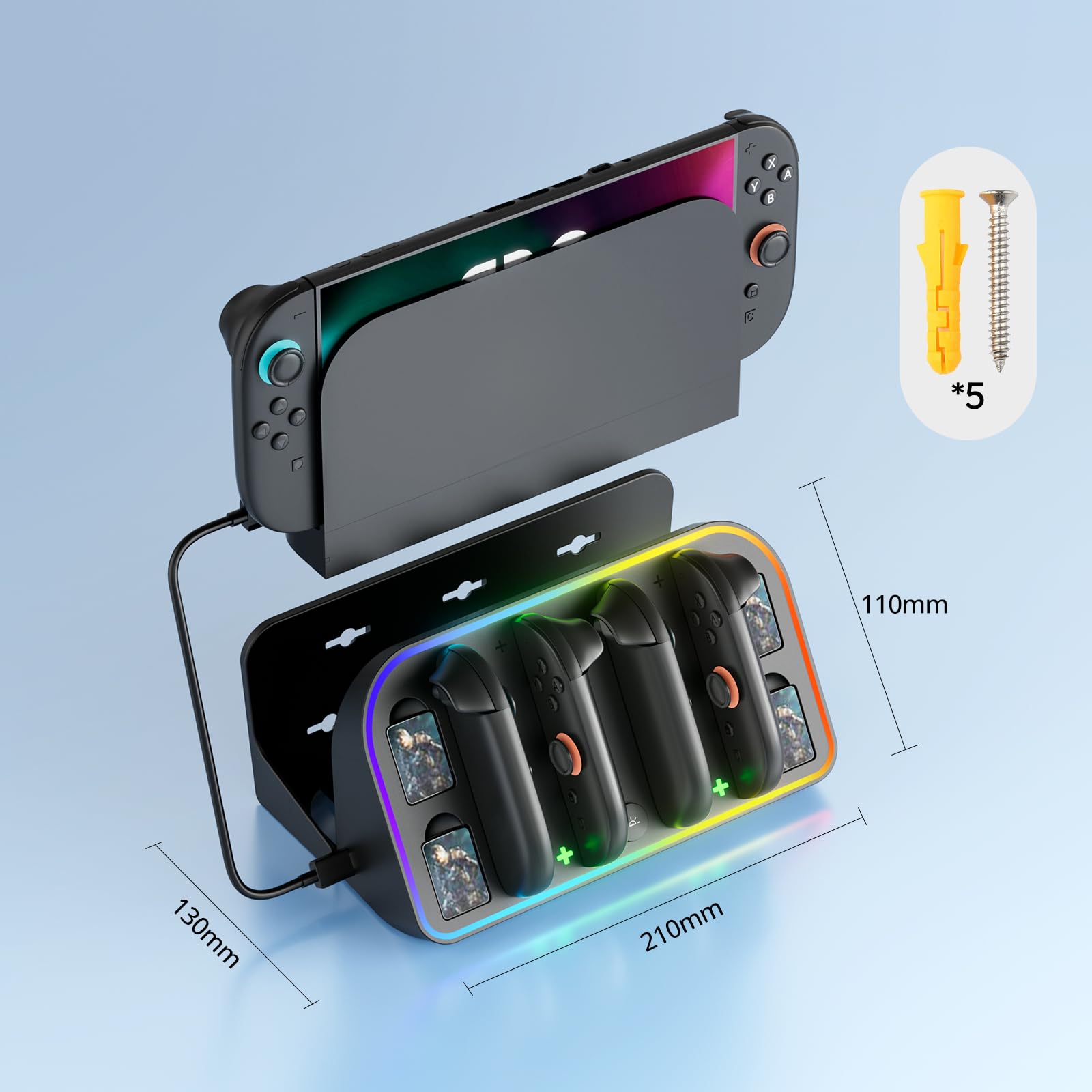 MANKIW Stazione Ricarica Per Nintendo Switch 2, Caricatore 4 In 1 Per 2 Controller Joy-Con Con LED Indicatori & Luci RGB, Dock TV, Ricarica Da Parete