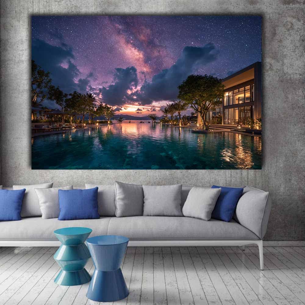 HOQIU Bilder natur Milky Way Resort Pool leinwand bilder,wandbilder schlafzimmer, bilder wohnzimmer(Mehrfarbig)-60x80cm Gerahmt
